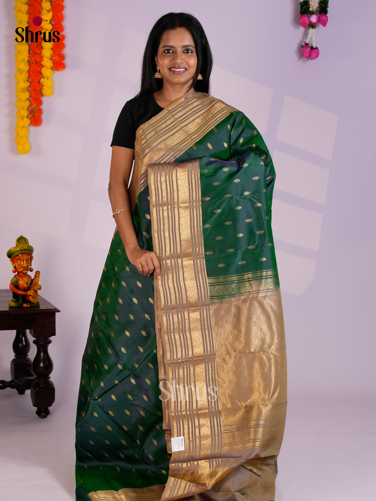 Green & Dusty Brown  - Kanchipuram-halfpure Saree- EAS12338 - Shop on Shrus.com