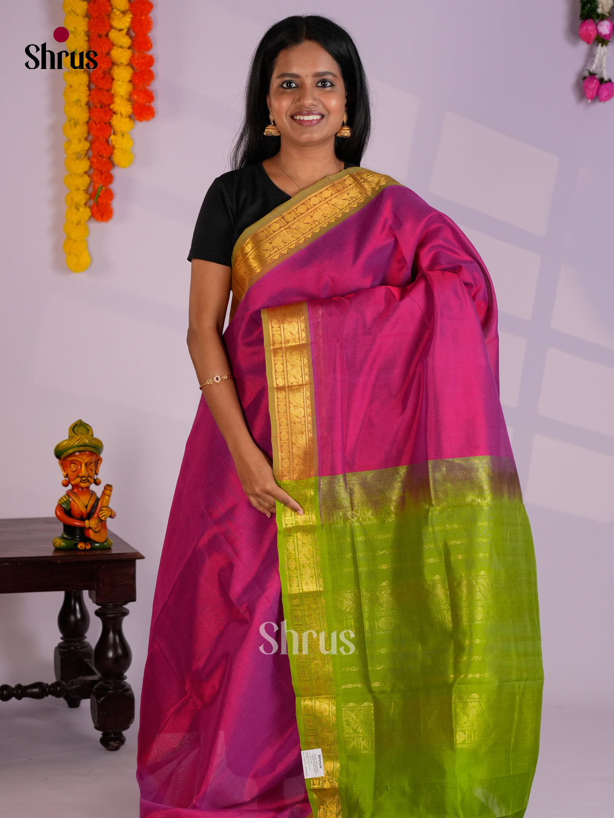 Buy Purple Plain Cotton Silk Saree with Light Green Zari Woven Border