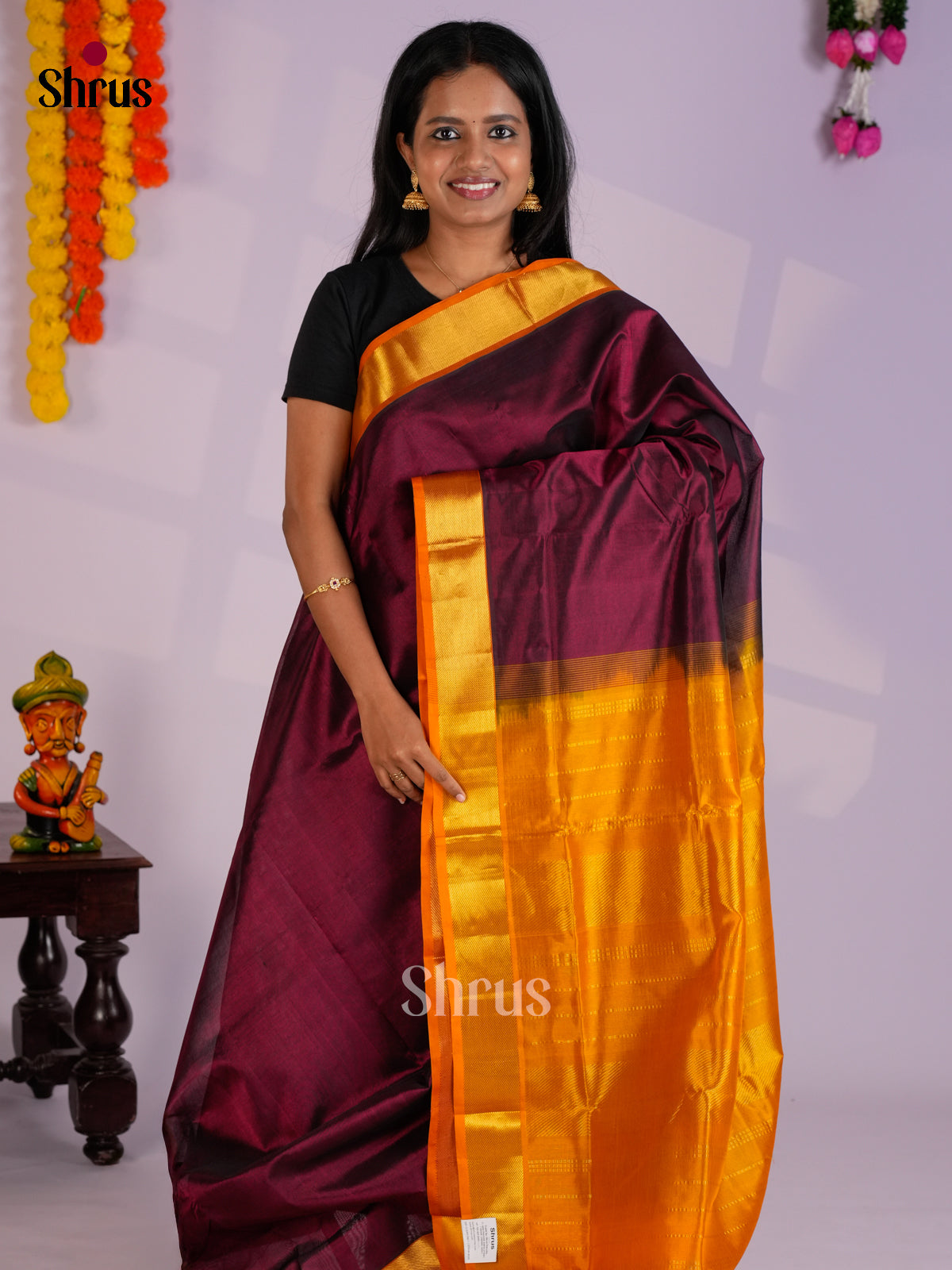 Beautiful Wine & Mustard  Silk Cotton Saree with zari border -EAS13267 - Shop on Shrus.com