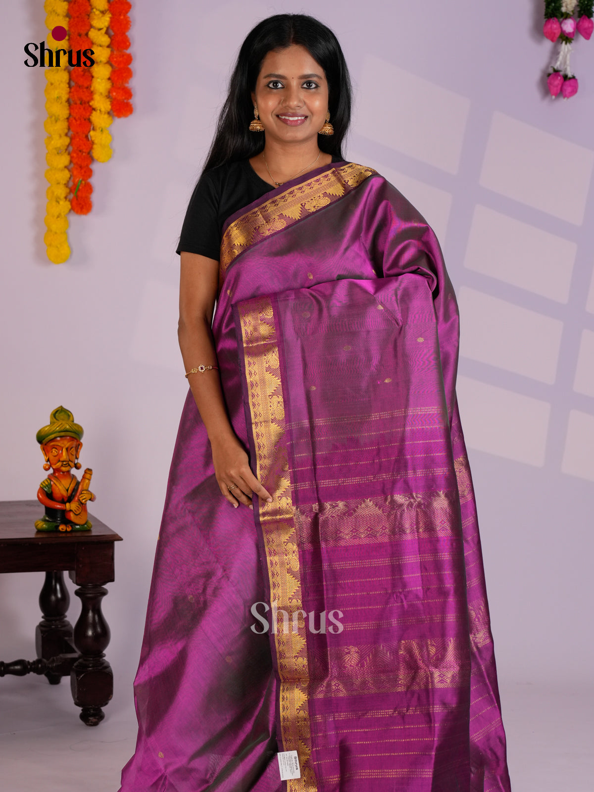 Elegant Purple Single Tone  Silk Cotton Saree with zari buttas -EAS13278 - Shop on Shrus.com