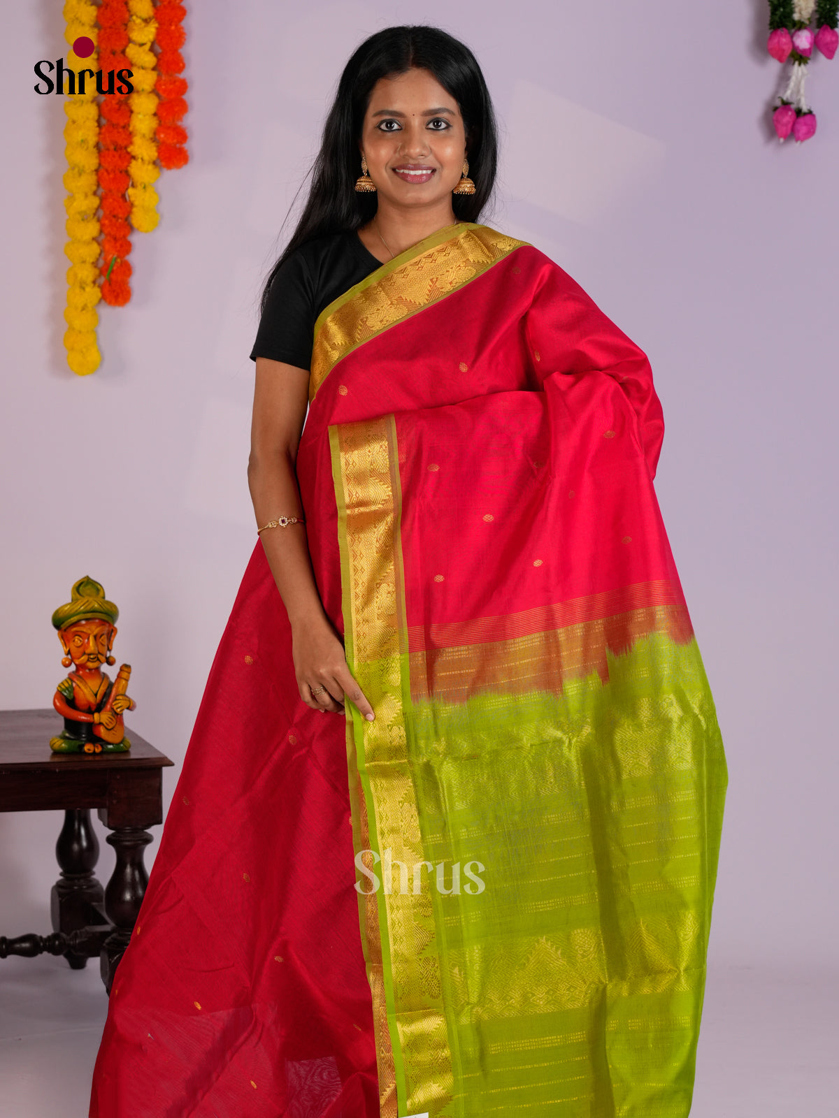 Bright Red & Light Green  Silk Cotton Saree-EAS13283 - Shop on Shrus.com