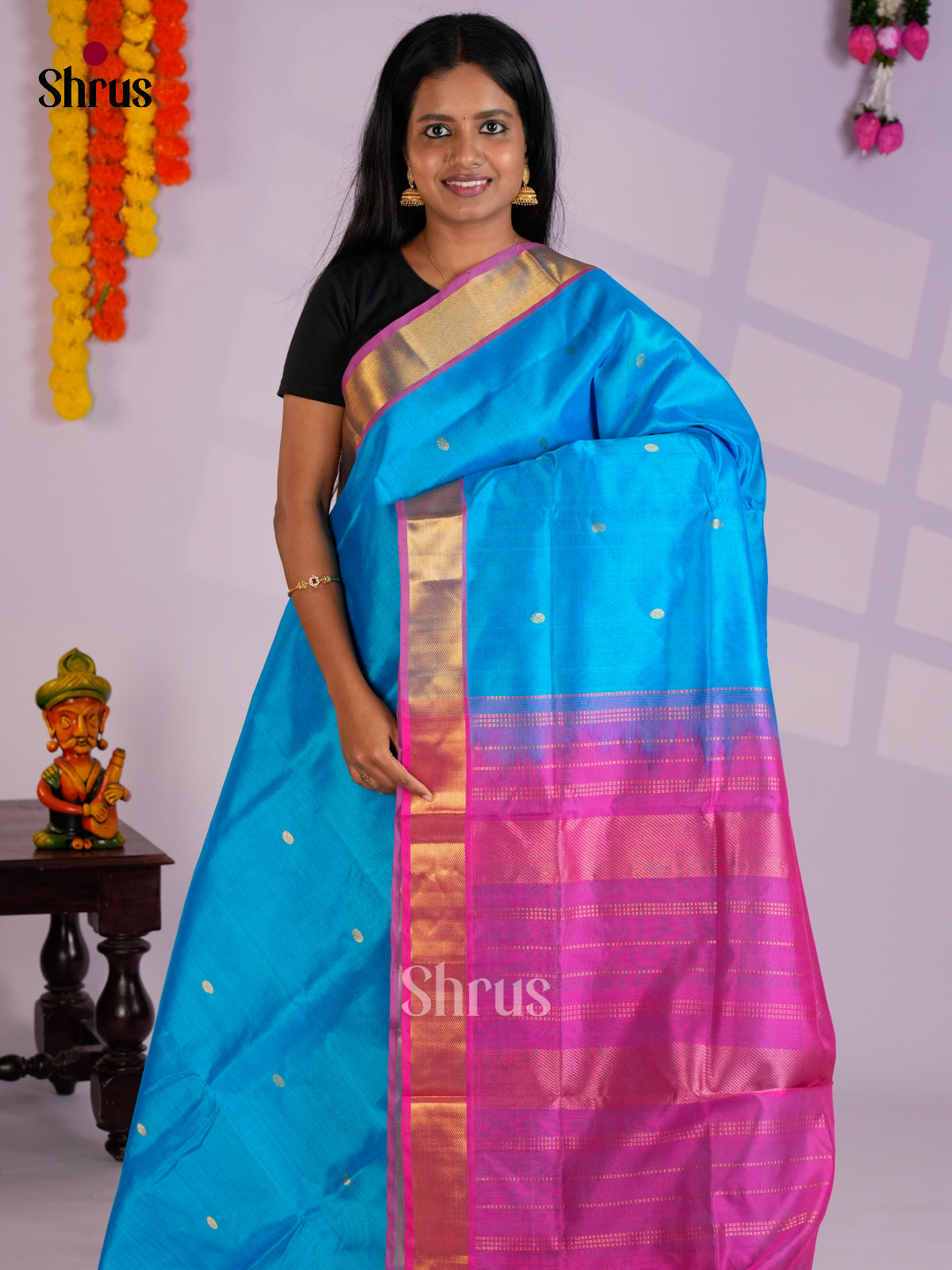 Blue & Pink  Silk Cotton Saree with zari buttas & contrast  border -EAS13284