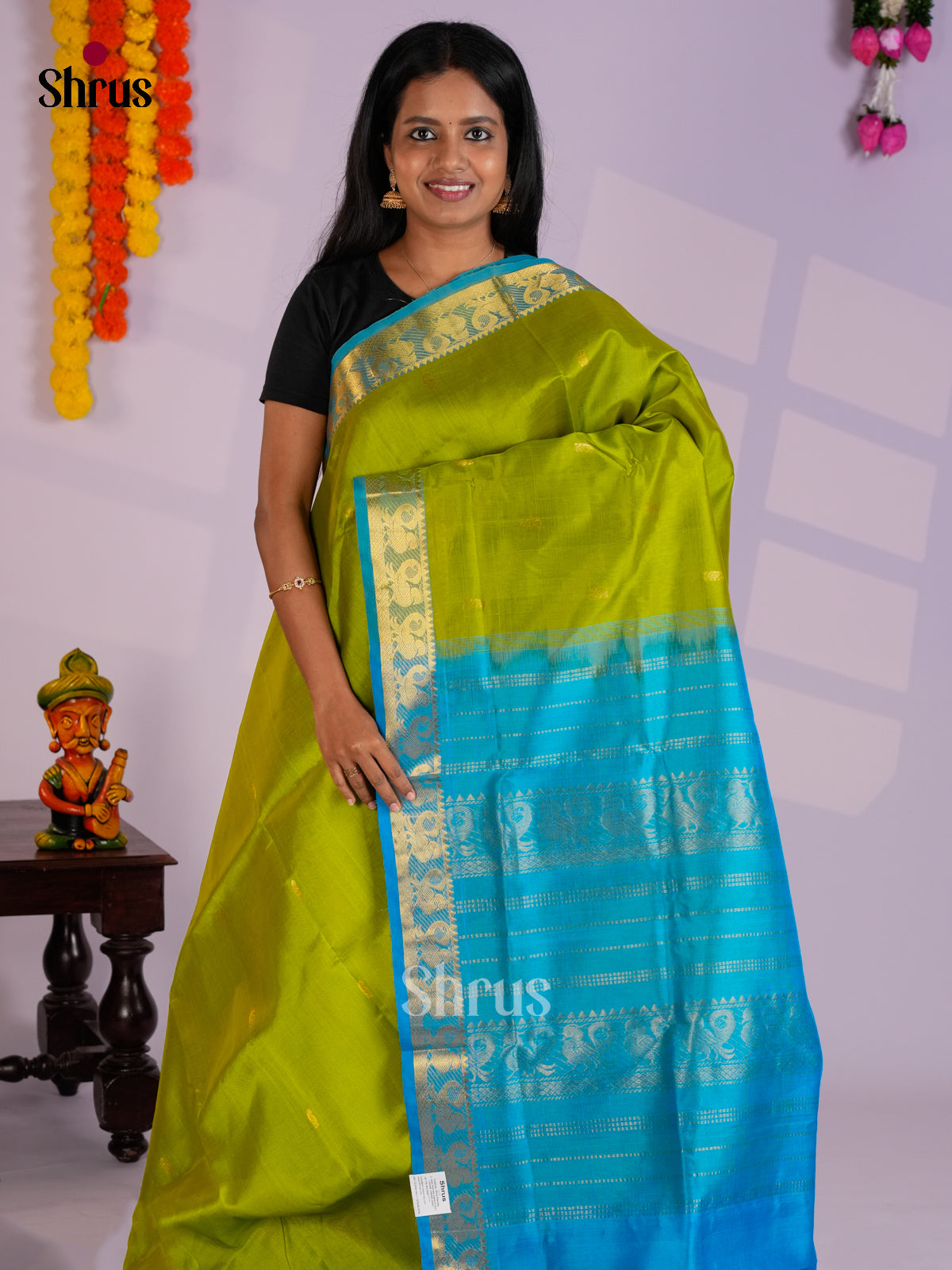 Buy Pretty Light Green Pure Cotton Silk Saree Online with Buttas & Sky Blue Border With Peacock Motifs