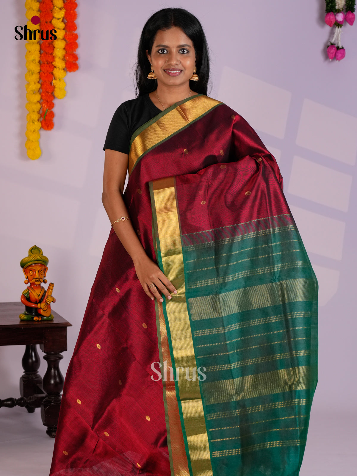 Classy maroon & Green  Silk Cotton Saree with zari buttas ,kaddi border-EAS13288