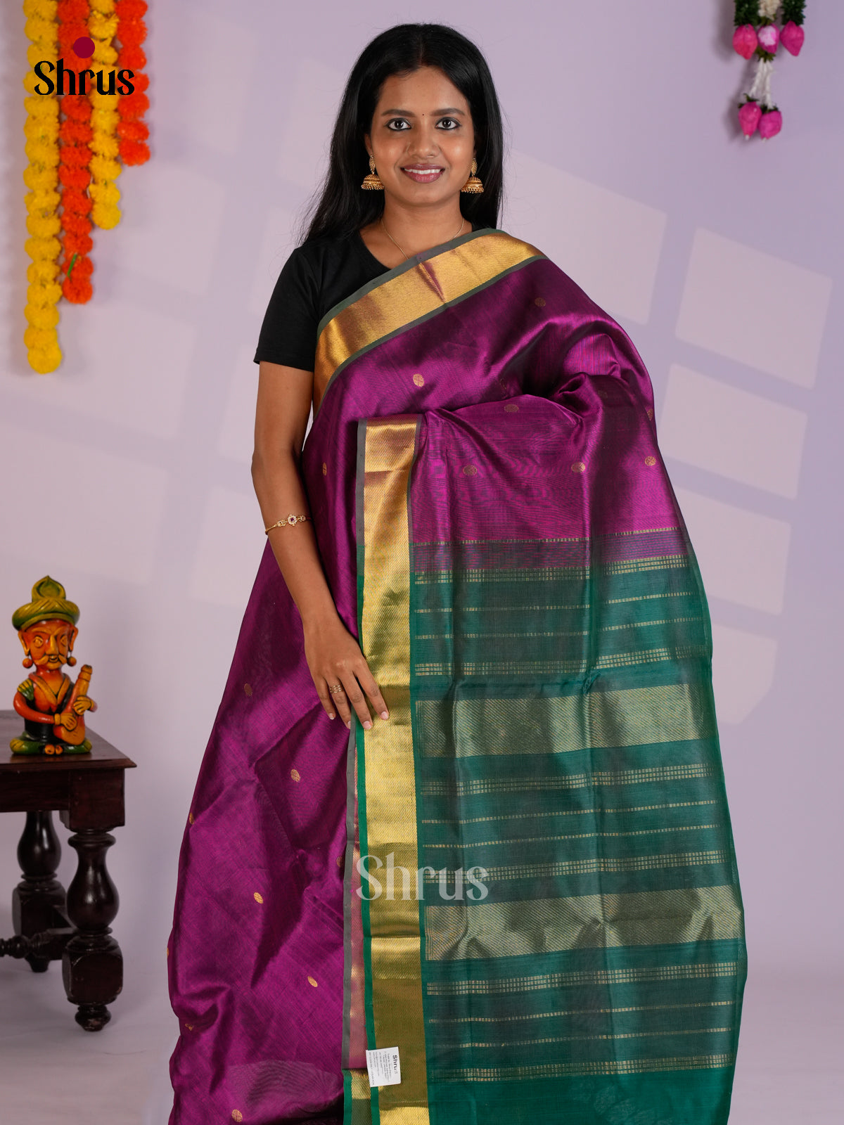 Elegant Purple & Green  Silk Cotton Saree with zari buttas -EAS13289 - Shop on Shrus.com