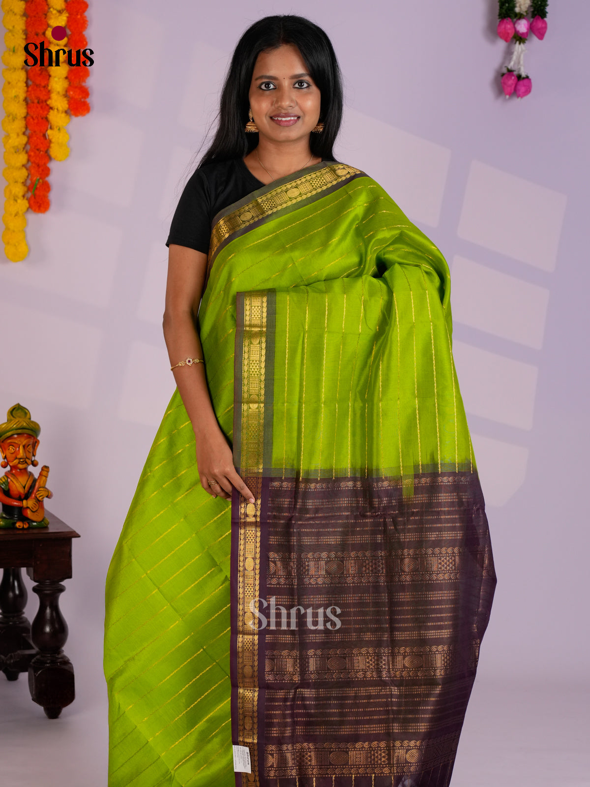 Serene Parrot Green & Brown Silk Cotton Saree with zari stripes- EAS13341