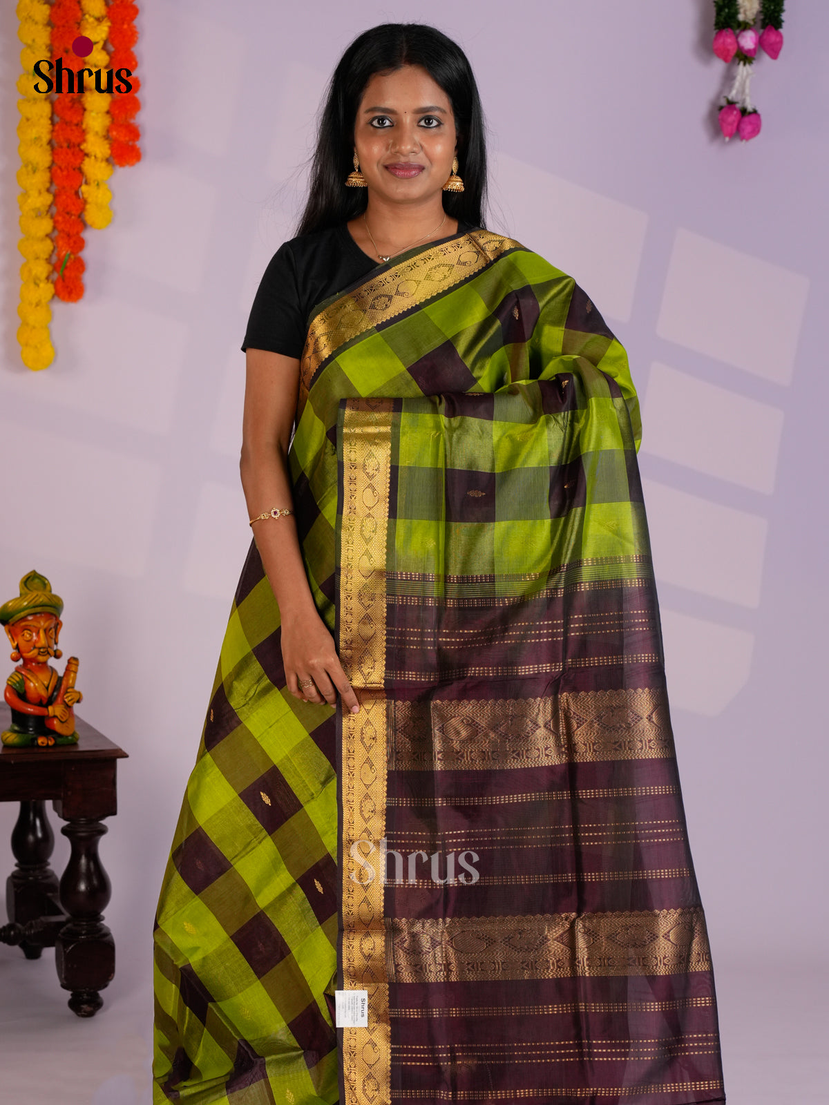 Chic Green & Maroon Silk Cotton Saree with checkered pattern -EAS13349