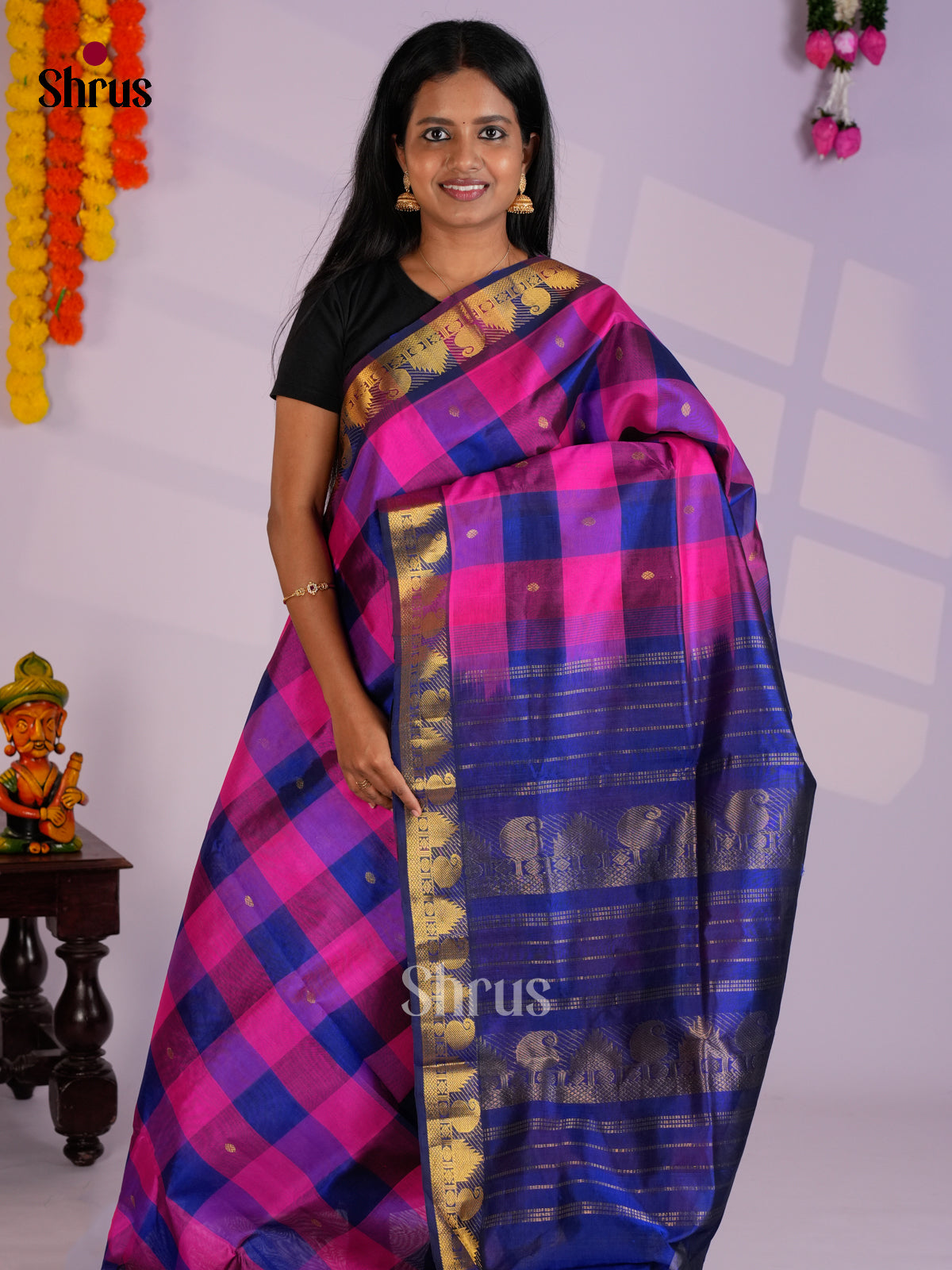 Charming Pink & Blue Silk Cotton Saree with checkered pattern - EAS13350