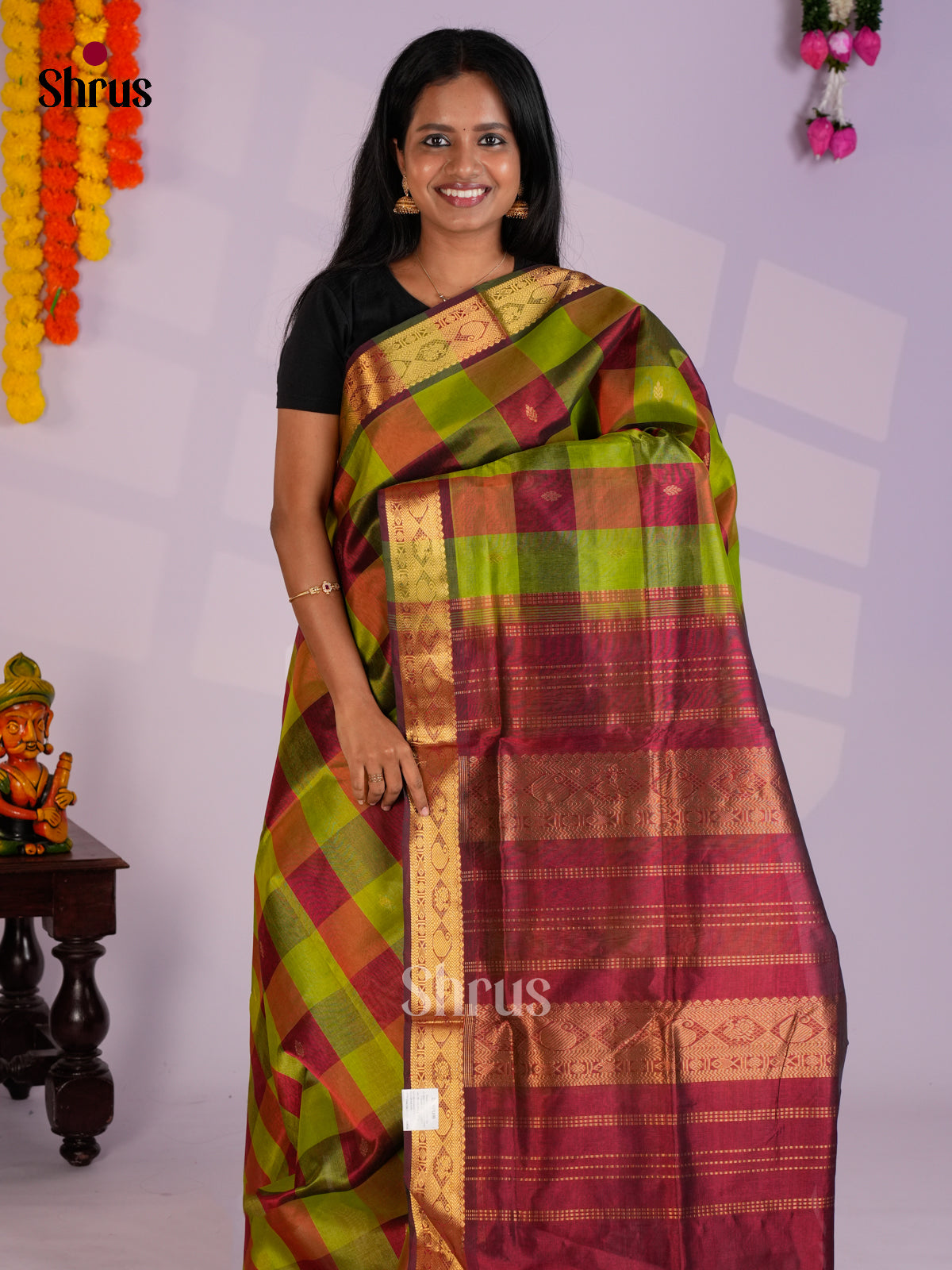 Stunning Green & Maroon  Silk Cotton Saree  with checkered pattern -EAS13351