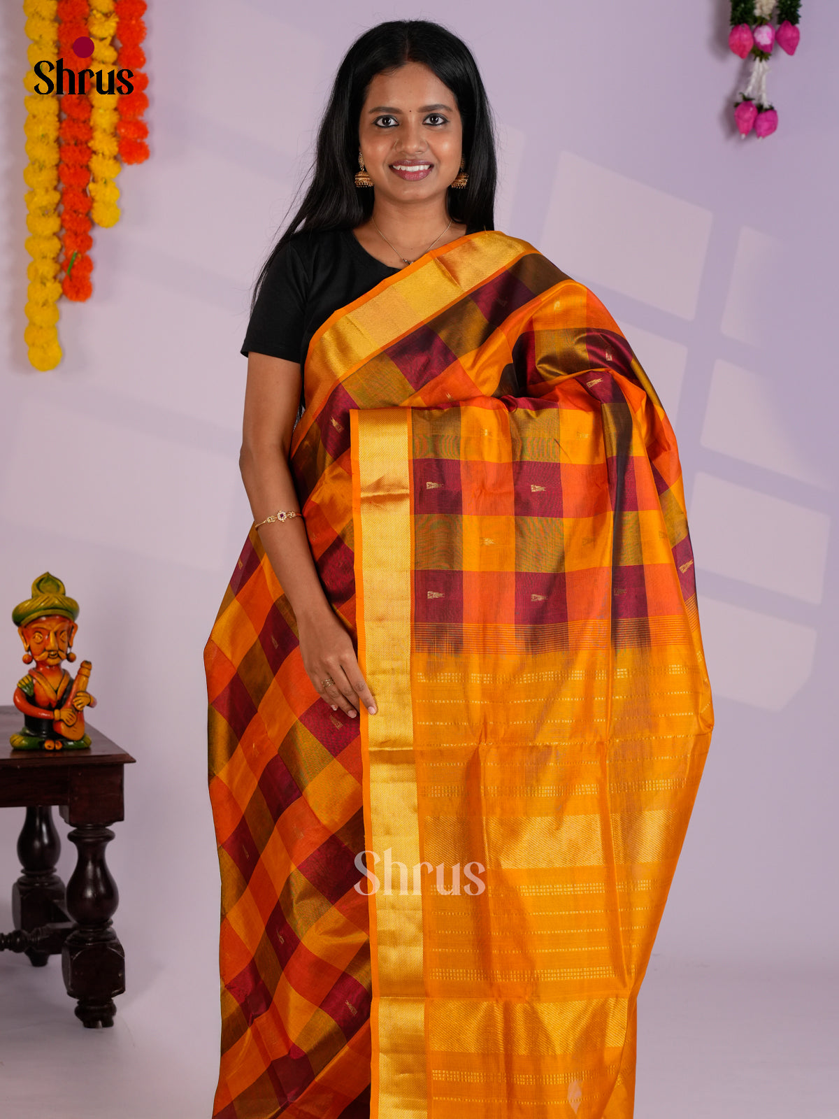 Classy maroon & Mustard  Silk Cotton Sareewith checkered pattern  -EAS13354
