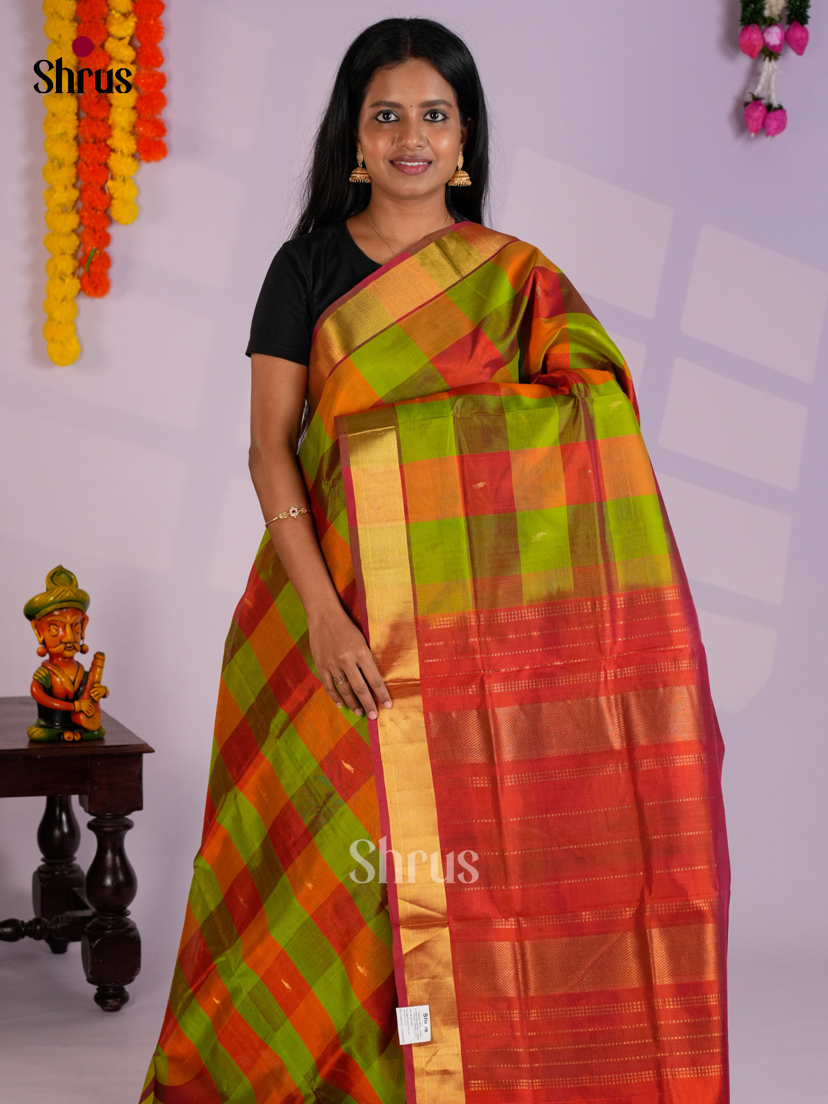 Radiant Green & Brick Silk Cotton Saree with checkered pattern - EAS13355