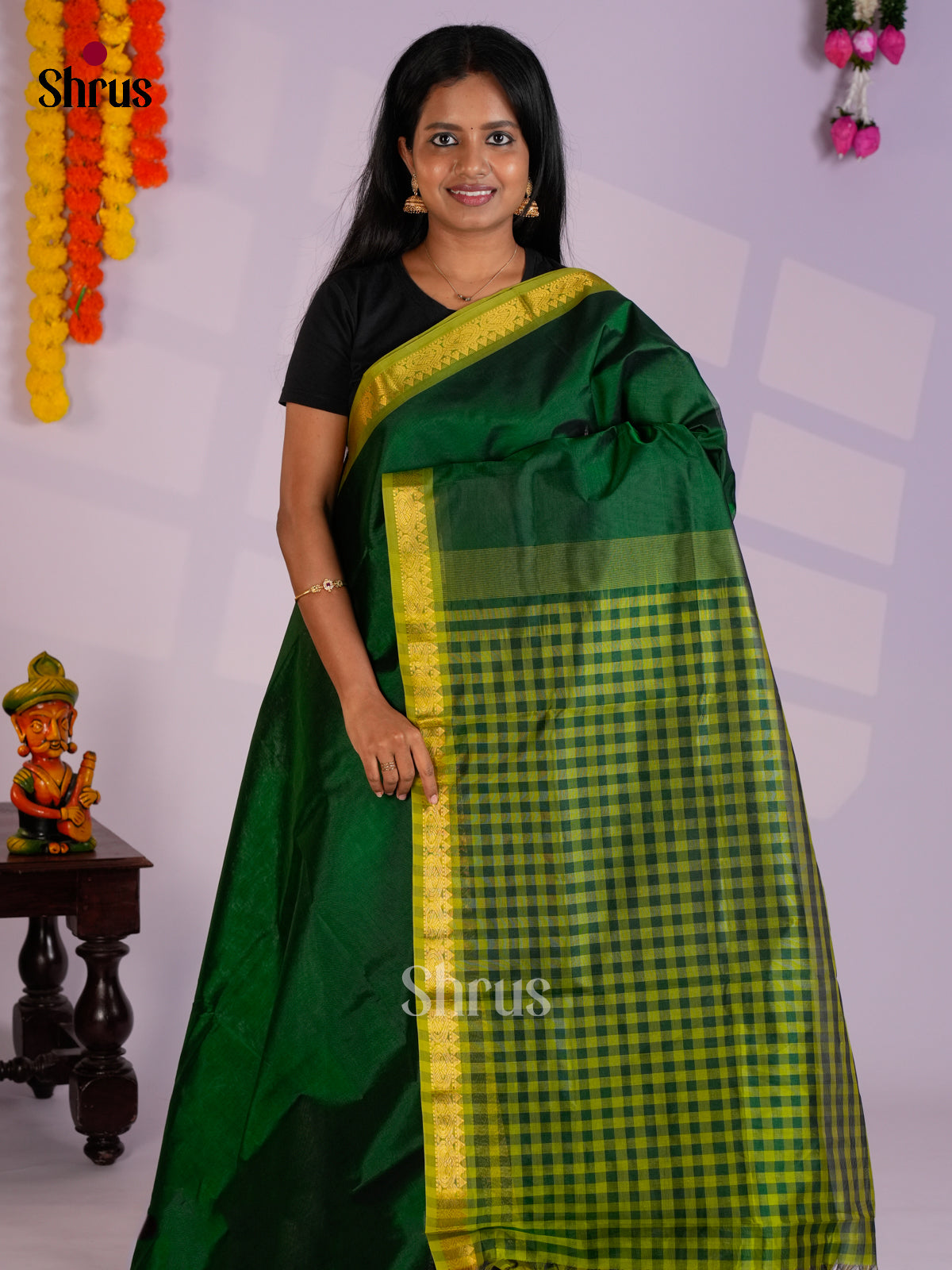 Elegant Dark & Light Green Silk Cotton Saree with checkered pallu  EAS13360 -