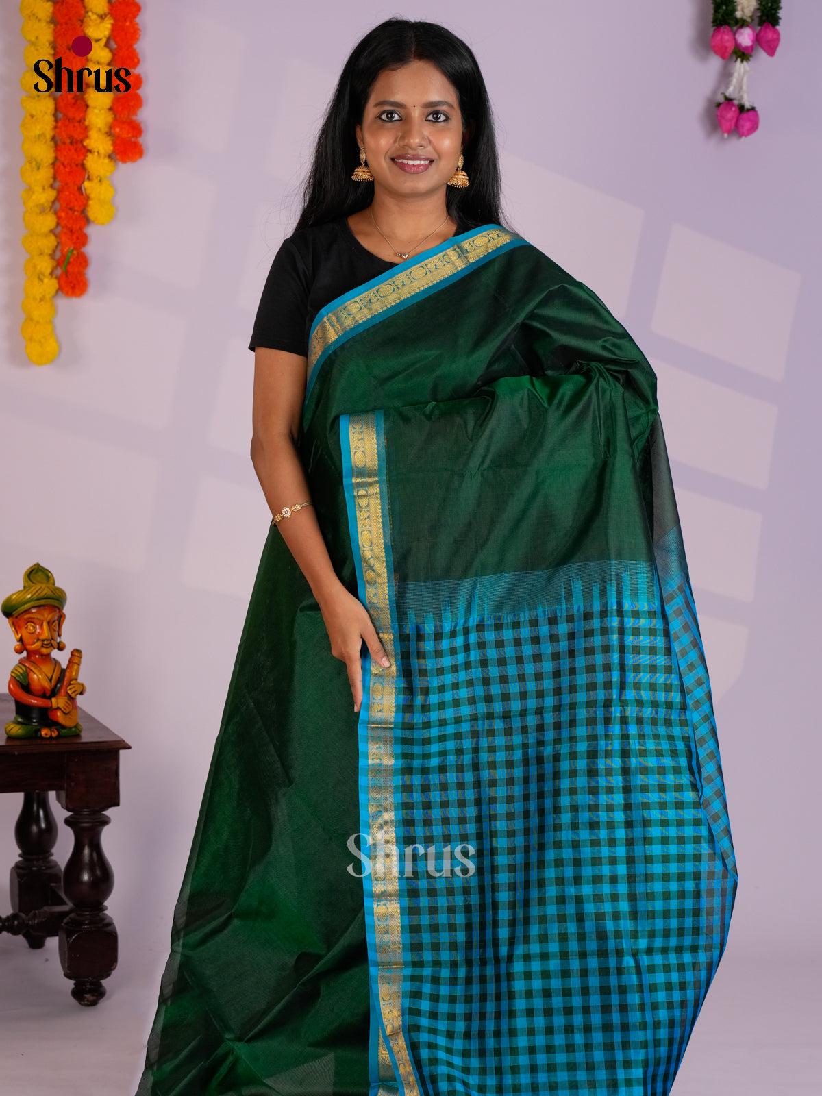 Elegant Green & Blue  Silk Cotton Saree with checkered pallu -EAS13365