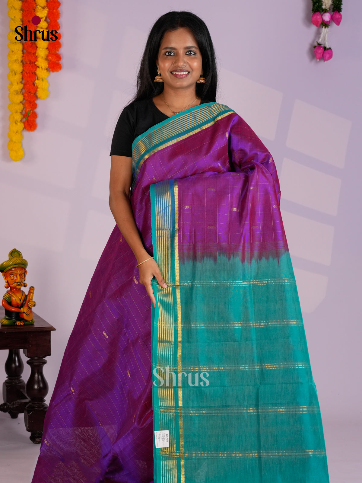 Pretty Purple & Teal Silk Cotton Saree with zari checks & border -EAS13370