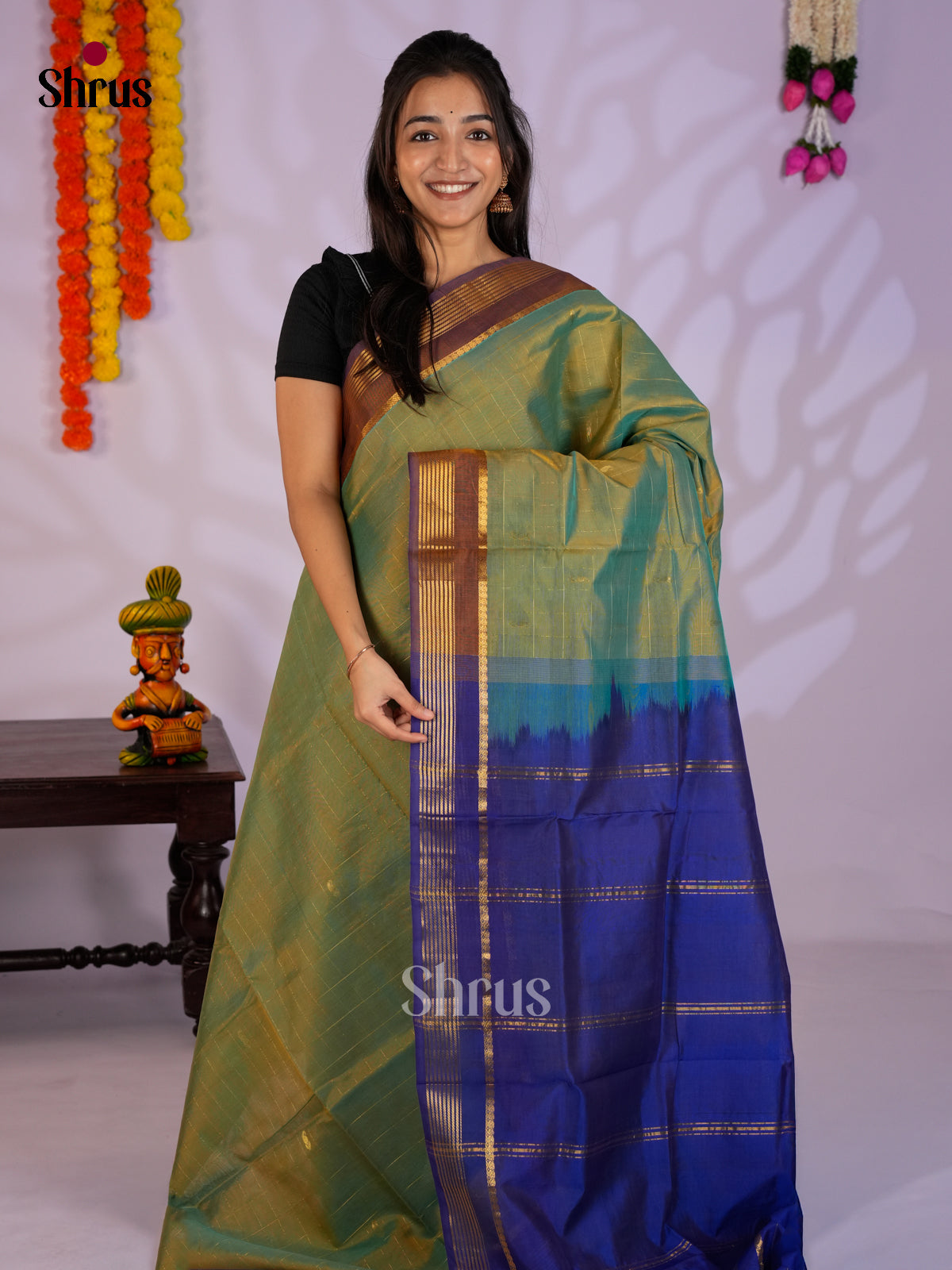 Elegant Double Shaded Green & Blue  Silk Cotton Saree with zari checks -EAS13372