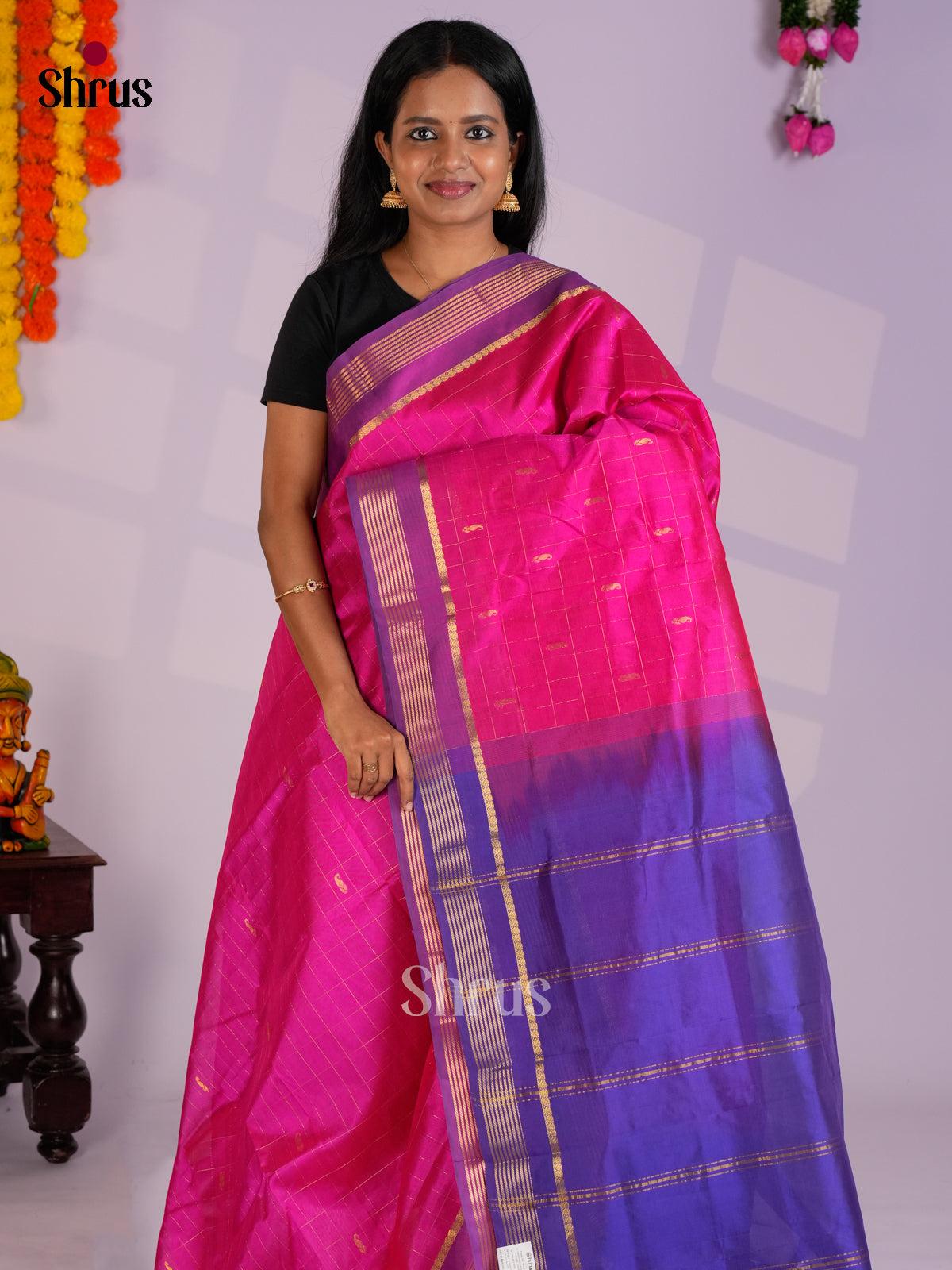 Charming Pink & Blue Silk Cotton Saree with zari checks & Buttas EAS13373