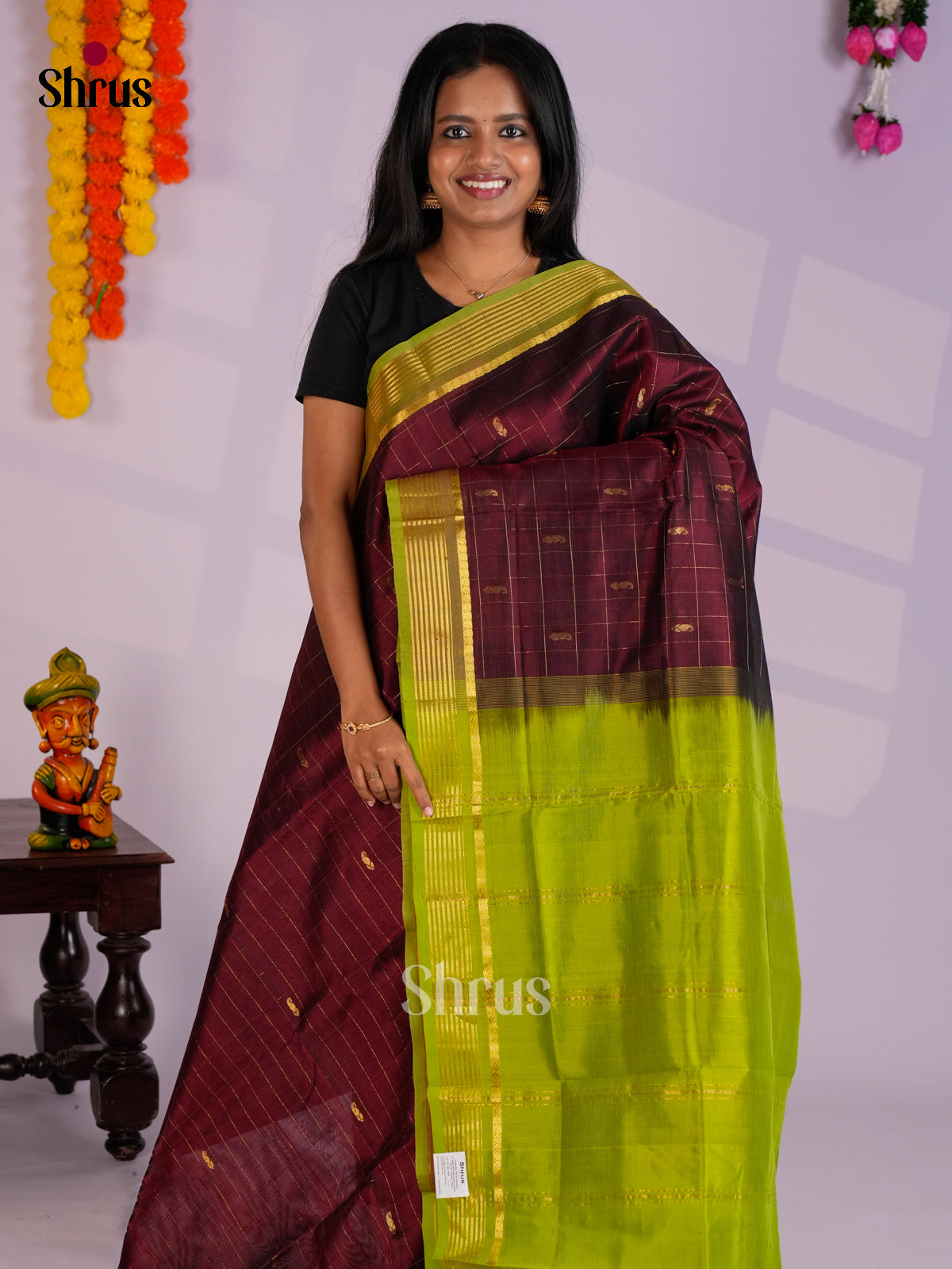 Elegant Maroon & Lime Green Silk Cotton Saree with zari checks & border - EAS13374 - Shop on Shrus.com