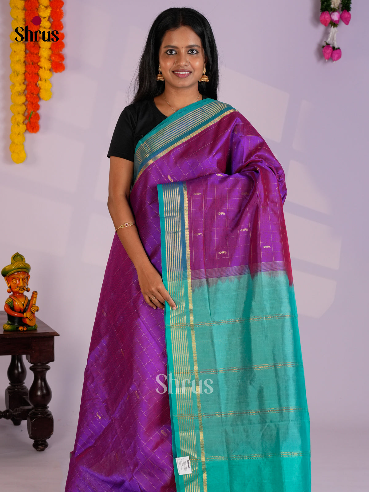 Regal Purple & teal  Silk Cotton Saree with zari checks & border - EAS13375