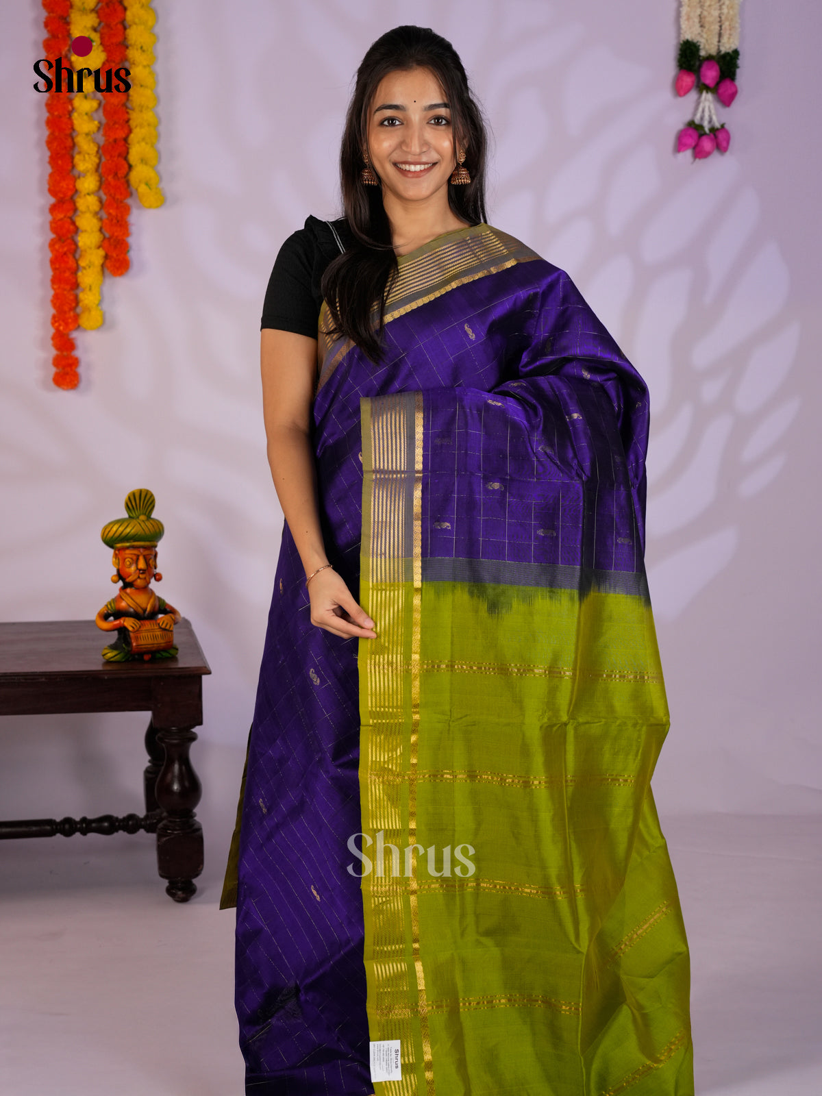 Vibrant Blue & Light Green Silk Cotton Saree with zari checks & Border- EAS13376 - Shop on Shrus.com