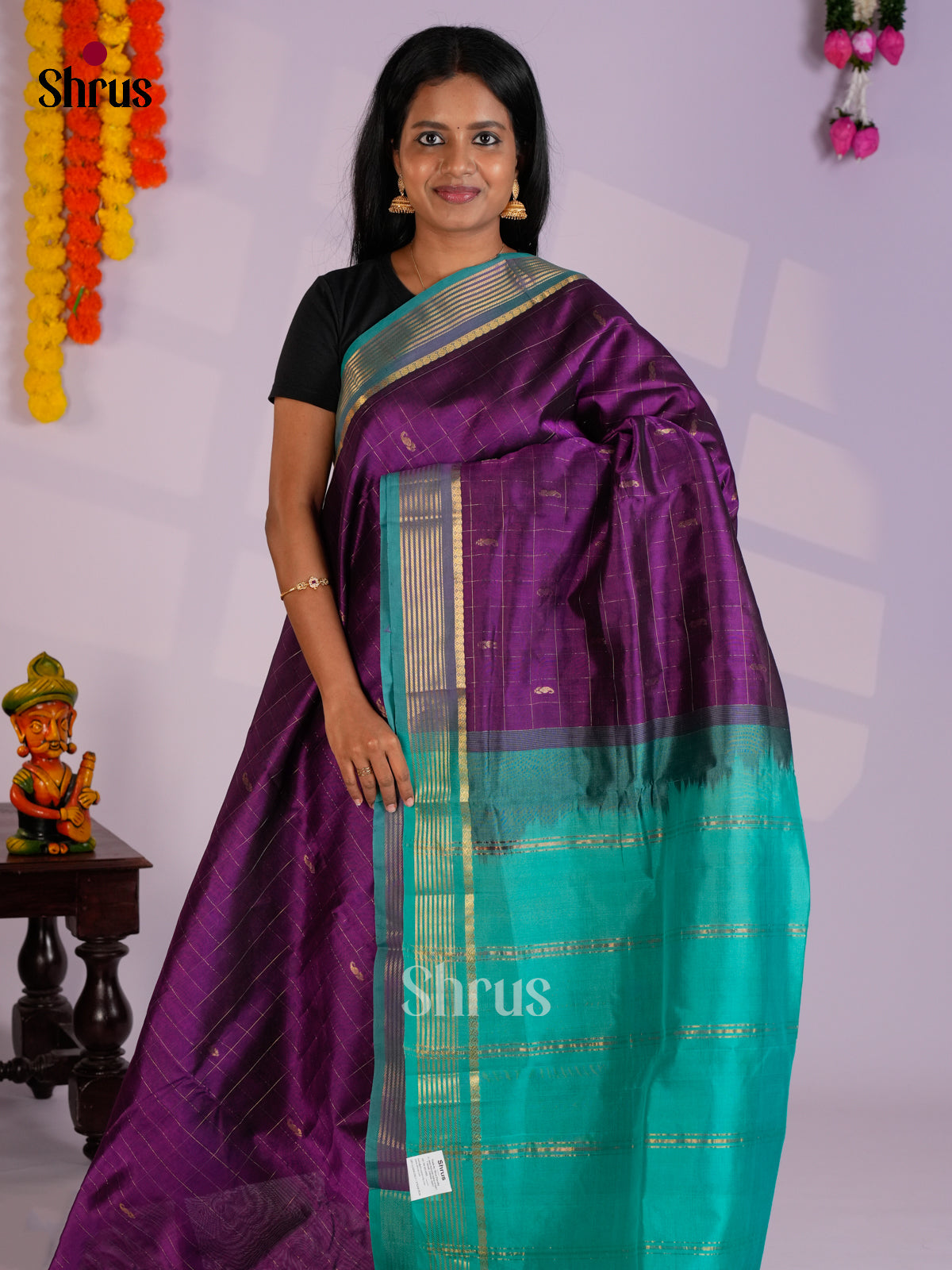 Classy Violet & Teal   Silk Cotton Saree with zari checks & border - EAS13378 - Shop on Shrus.com