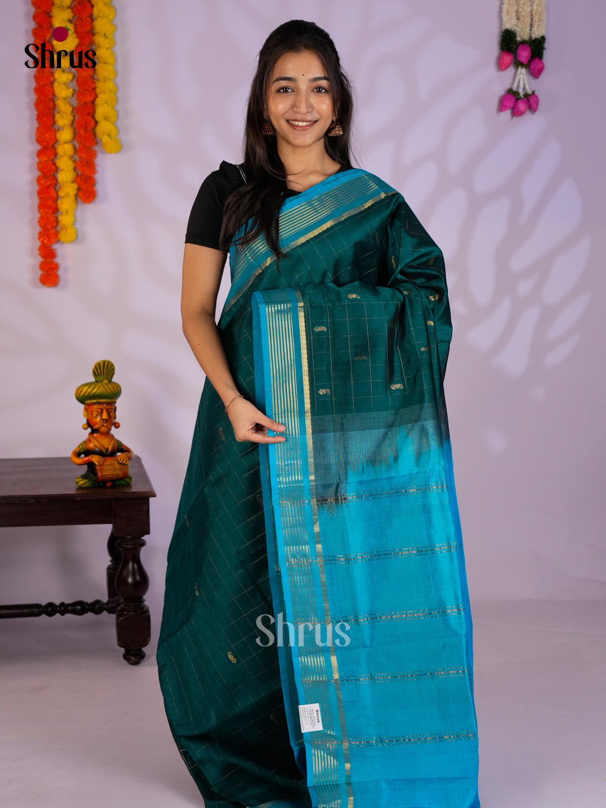 Beautiful Peacock Green & Blue  Silk Cotton Saree with zari checks -EAS13381