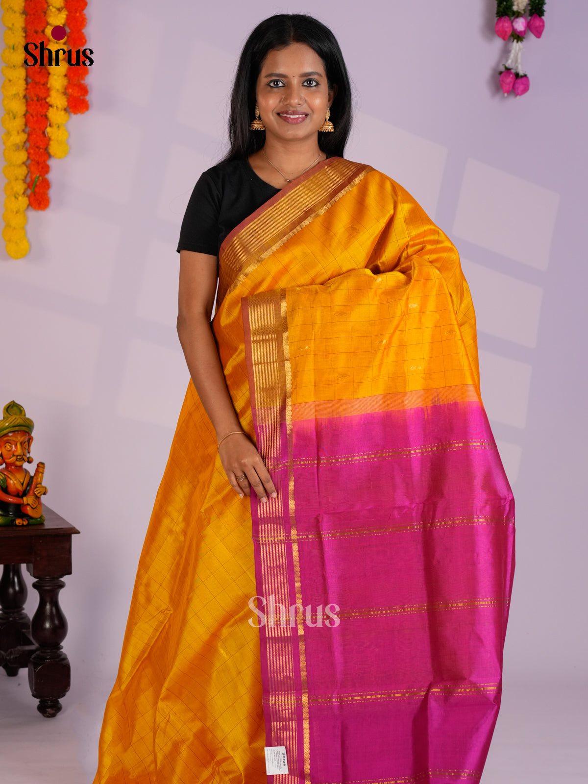 Glorious Mambazha Yellow & Purple Silk Cotton Saree with zari checks & Border- EAS13382 - Shop on Shrus.com