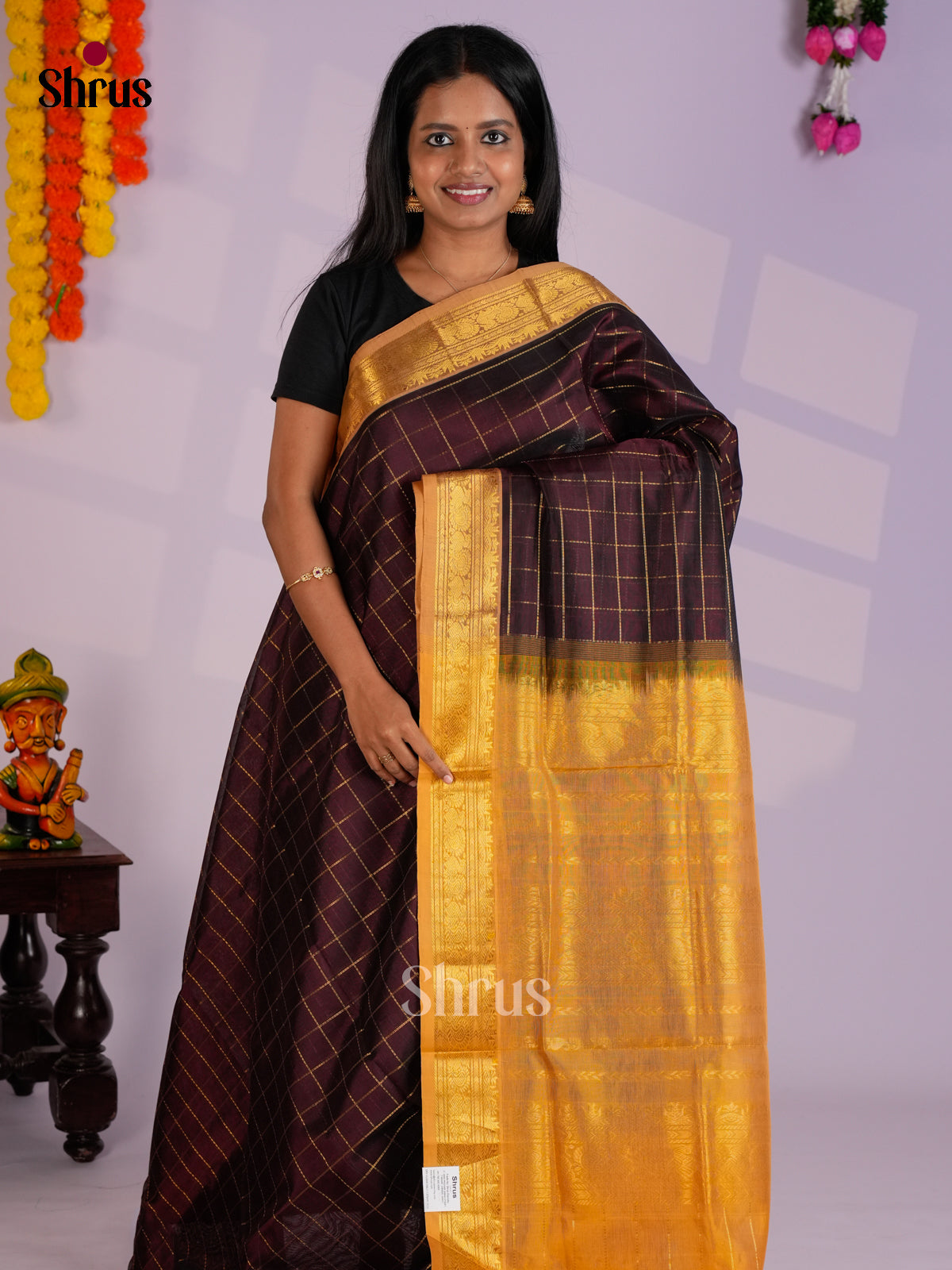 Stunning Brown  & Mustard  Silk Cotton Saree with zari checks -EAS13389