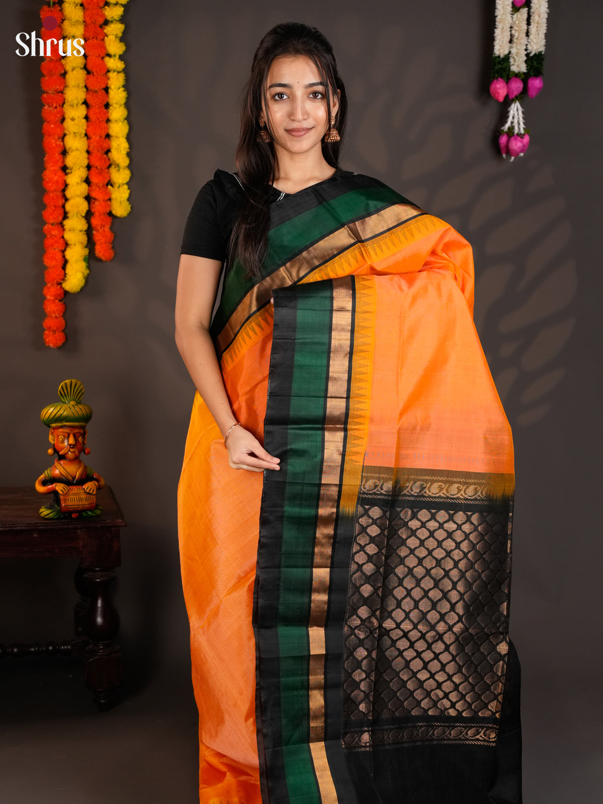 Radiant Orange & Black Silk cotton Saree with Temple-border - EAS19001