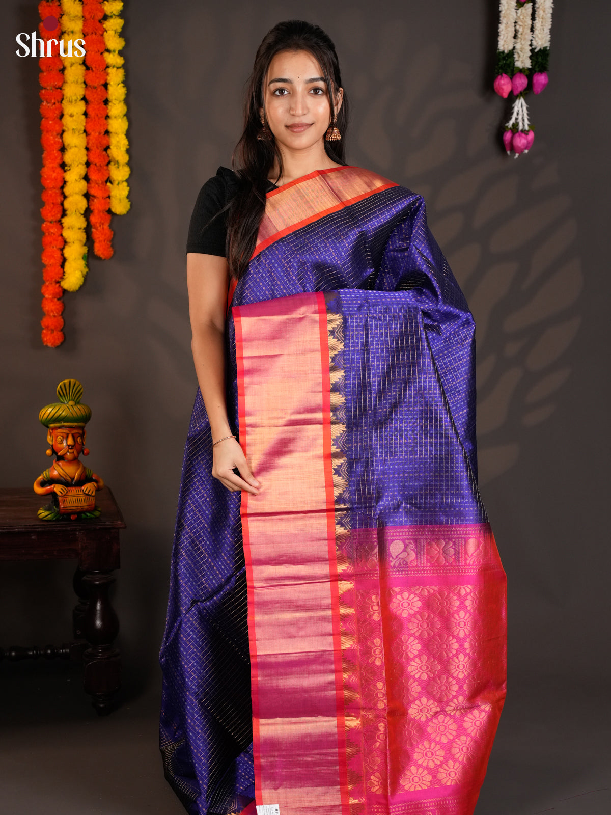 Stunning Blue & Pink Silk Cotton saree with zari checks & korvai border -EAS19004