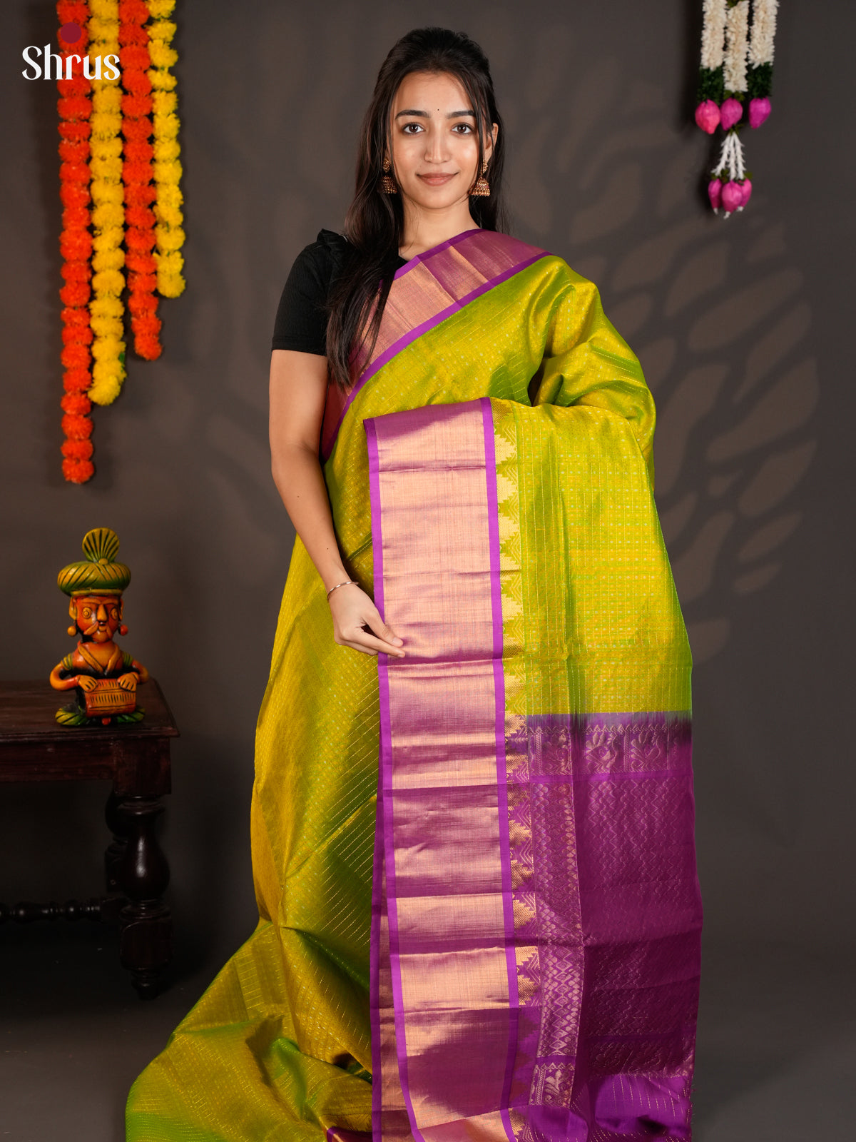 Gorgeous Light Green & Purple Silk Cotton saree with zari checks & korvai border -EAS19006