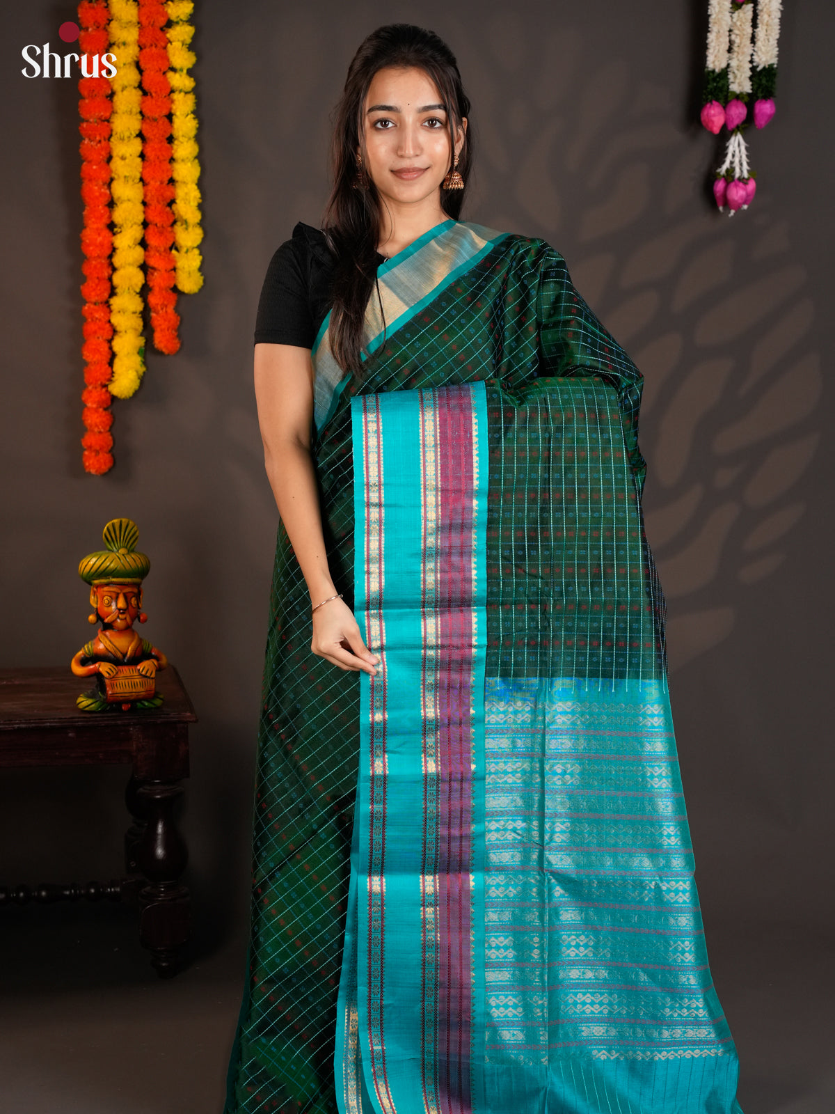 Classy Green & Blue Silk cotton saree with zari checks & border -EAS19011