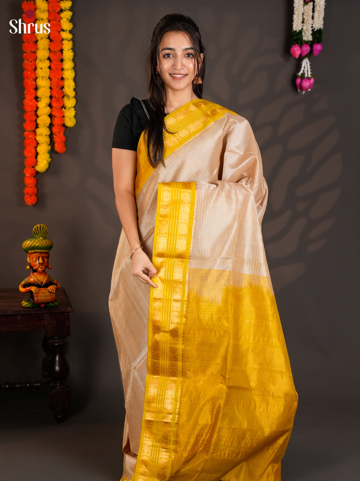 Pretty Cream & Yellow Silk Cotton Saree with zari checks  &Korvai-Medium border-EAS19012