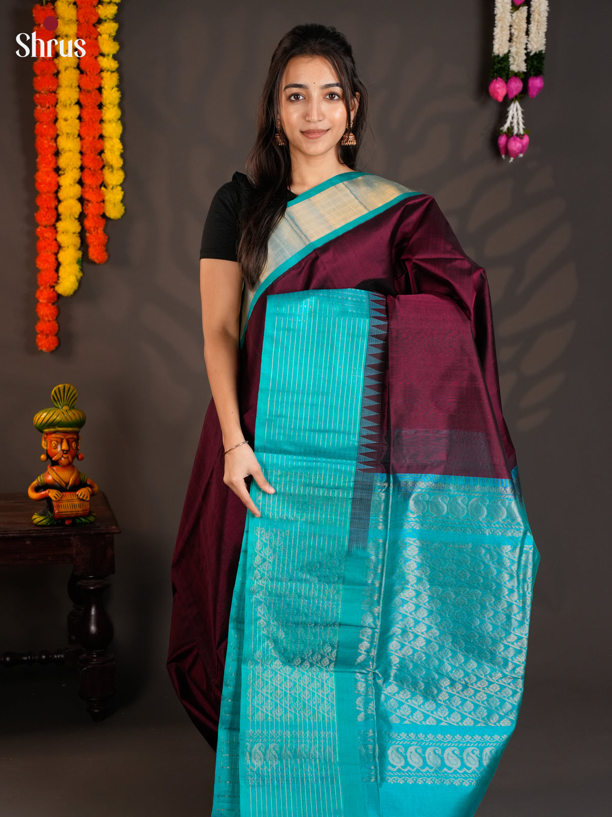 Regal Wine & Teal Blue Silk Cotton Saree with Korvai-Medium border Saree -EAS19016