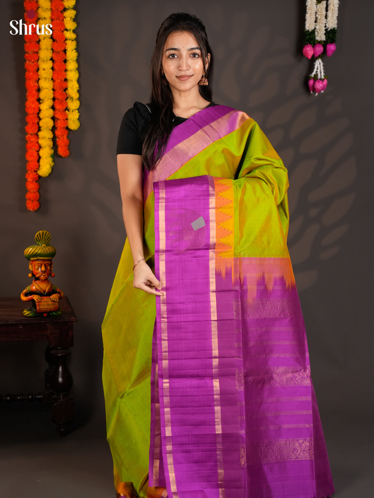 Beautiful Light Green & Purple silk cotton saree with temple border- EAS19020