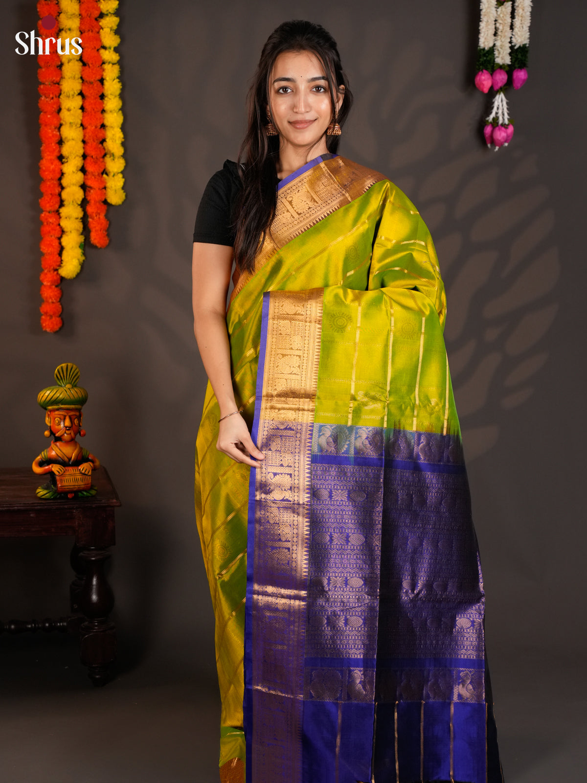 Graceful Light Green & Blue Silk Cotton Saree with zari checks & traditional border -EAS19025