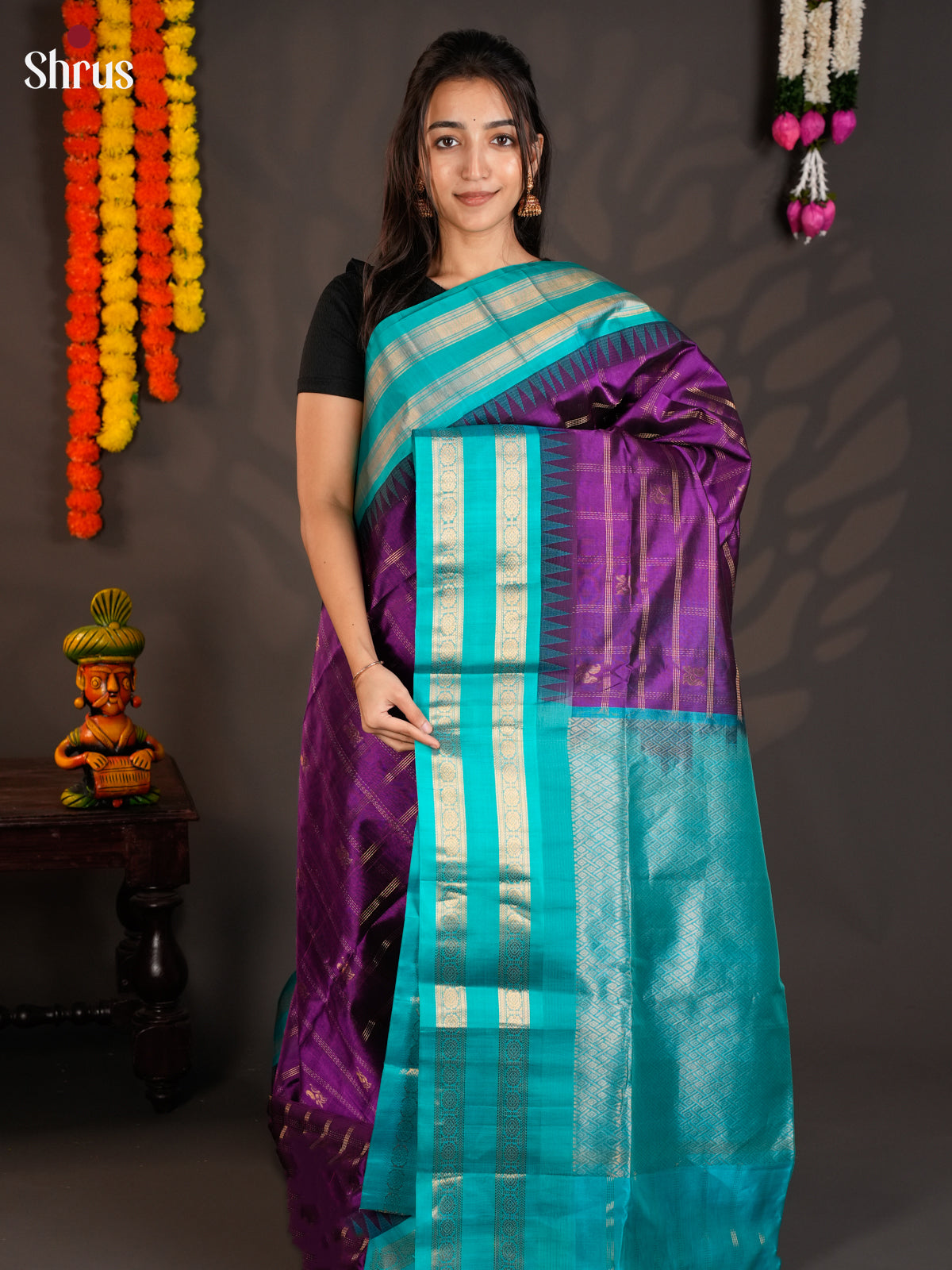 Pretty Violet & Blue  Silk Cotton saree  with zari checks , Rettaipet borderd -EAS19028