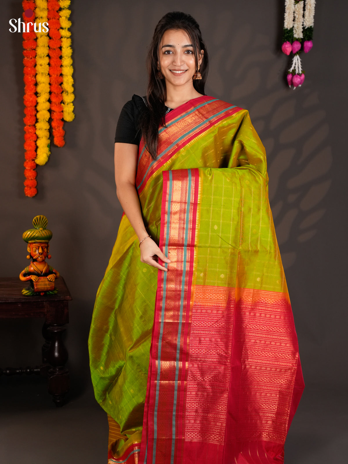 Serene Green & Red Silk Cotton Saree with zari checks & korvai zari border-EAS19032