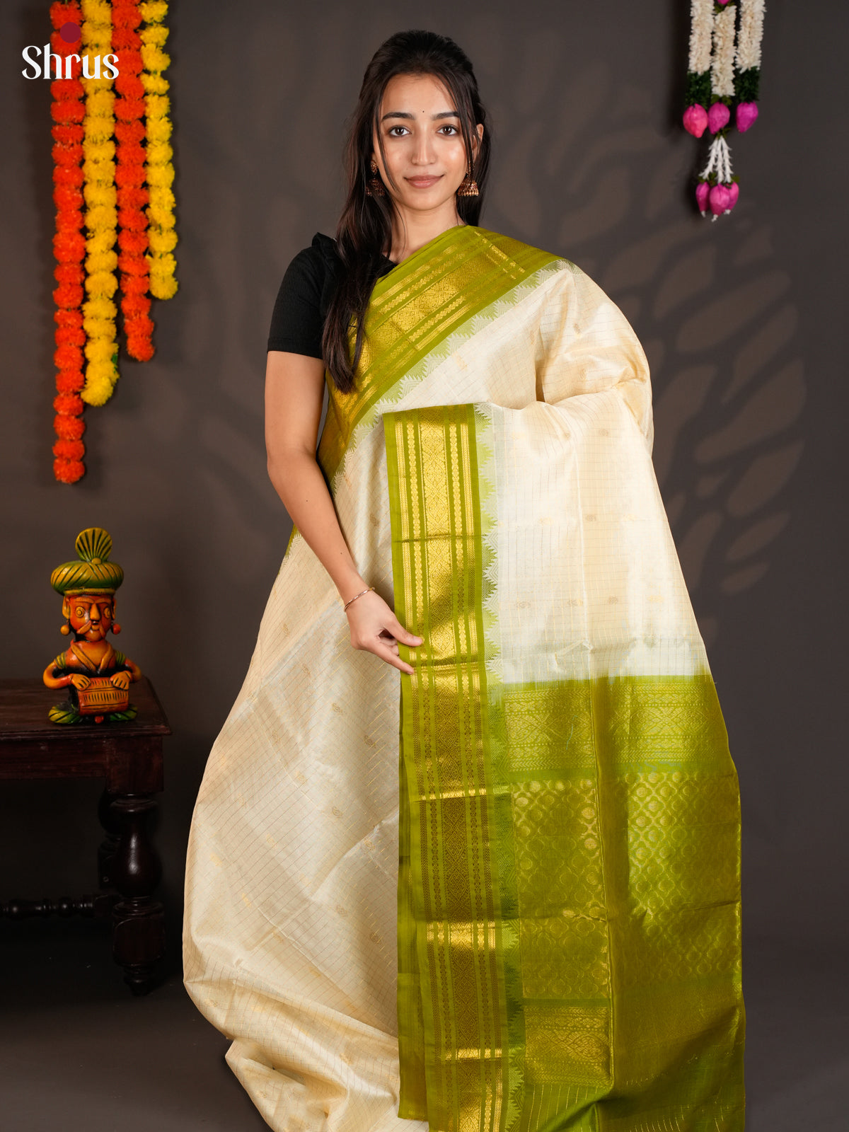 Charming Cream & Light Green Silk Cotton saree with zari checks & Korvai border-  EAS19034 -