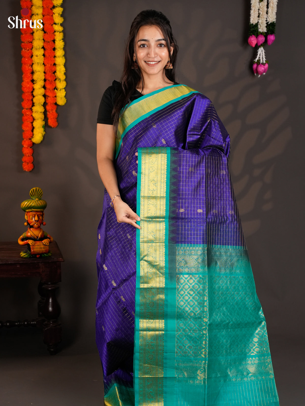 Vibrant Blue & Teal Silk Cotton saree with zari Checks & korvai border - EAS19036