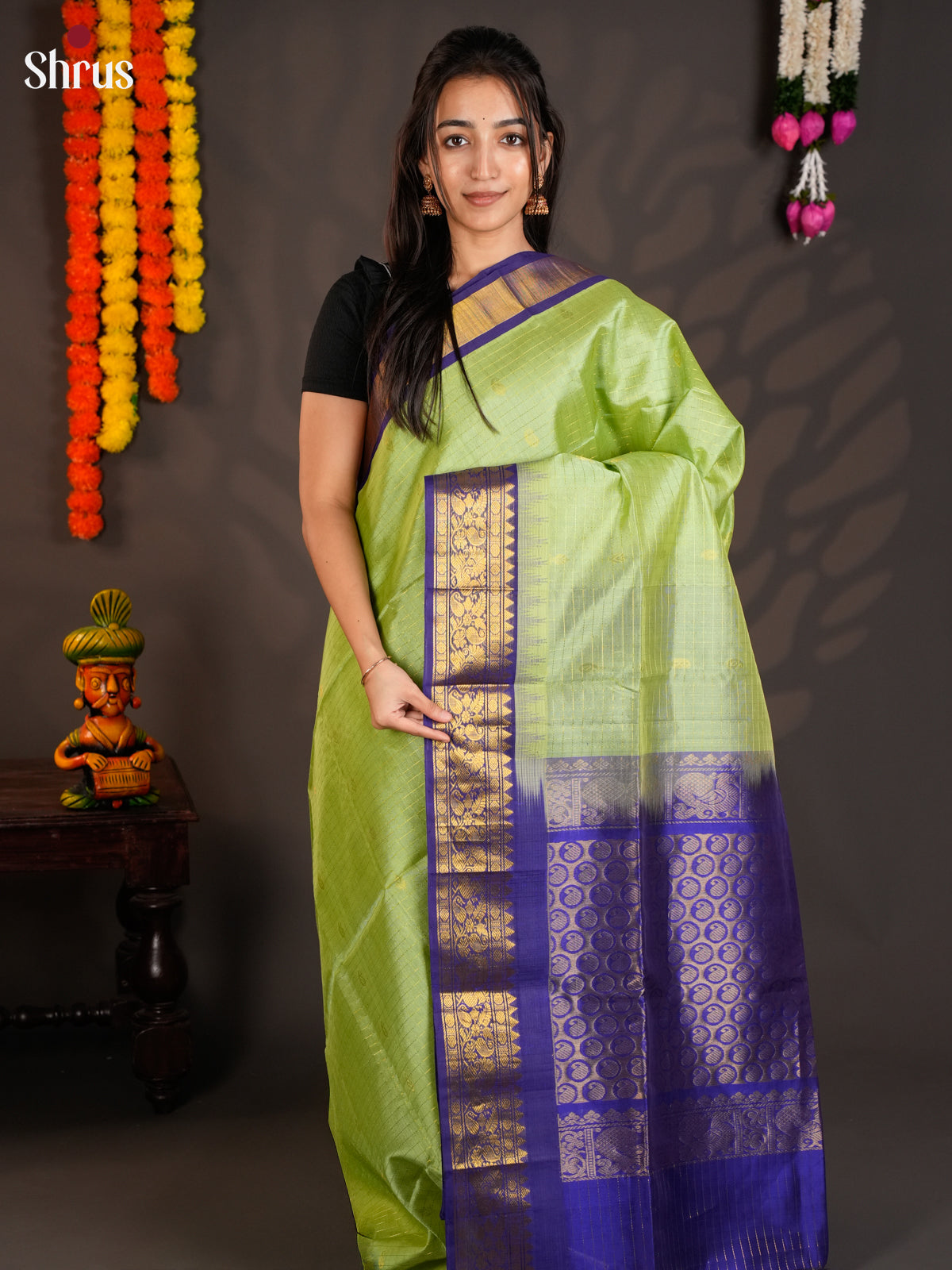 Stunning Pista Green & Blue Silk Cotton Saree with zari kattams & Korvai Border- EAS19042