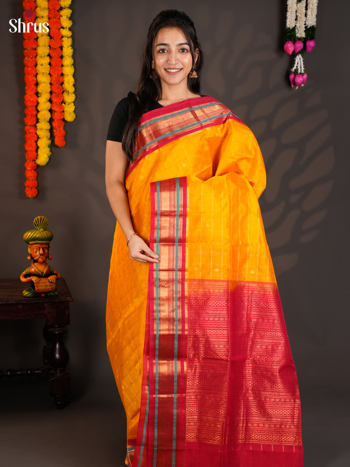 Glorious Mambazha yellow & Red Silk Cotton saree with zari kattam & Korvai border -EAS19045