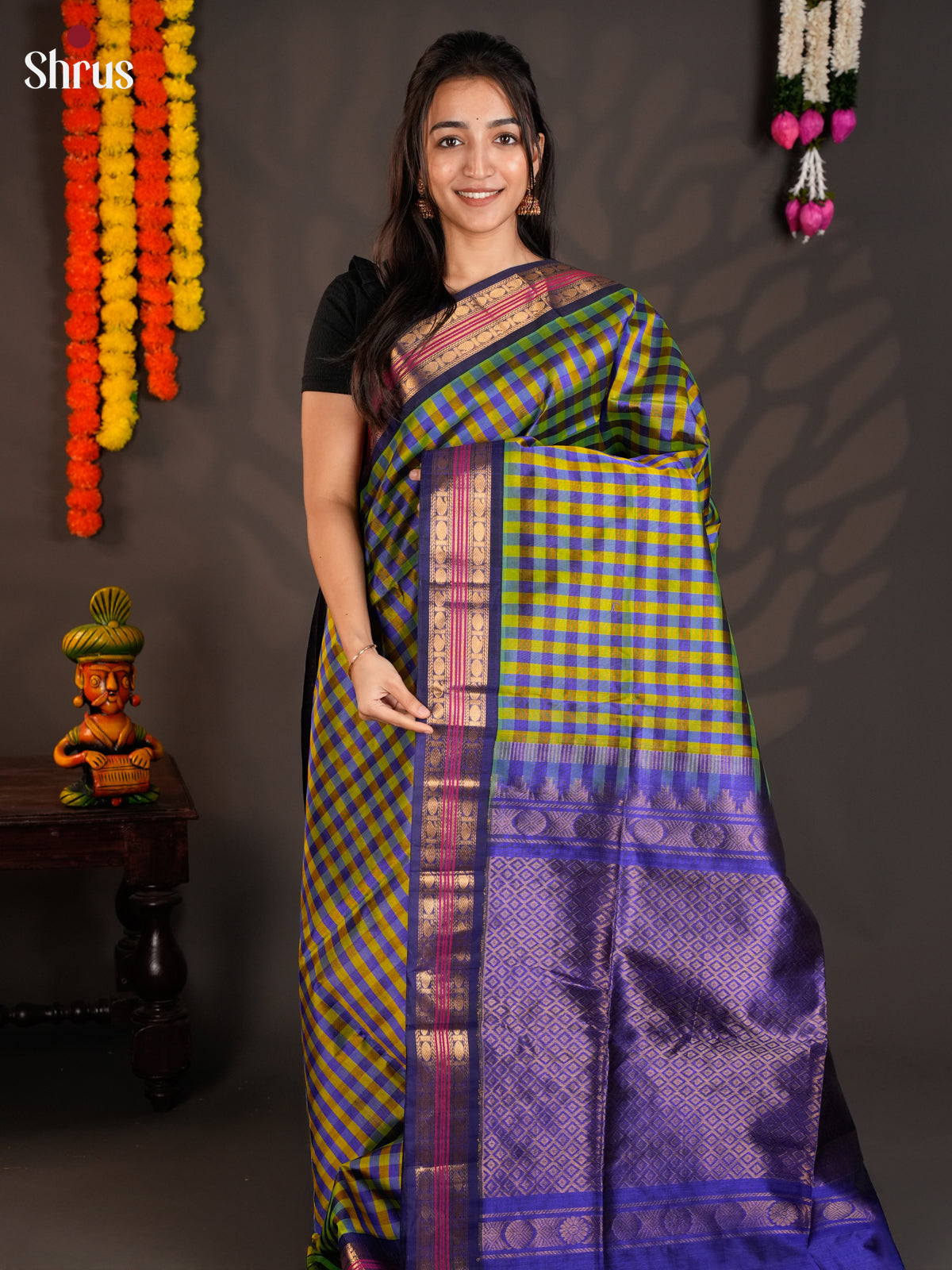 Beautiful Green & Blue Silk Cotton saree with  kattam & Korvai zari border - EAS19046