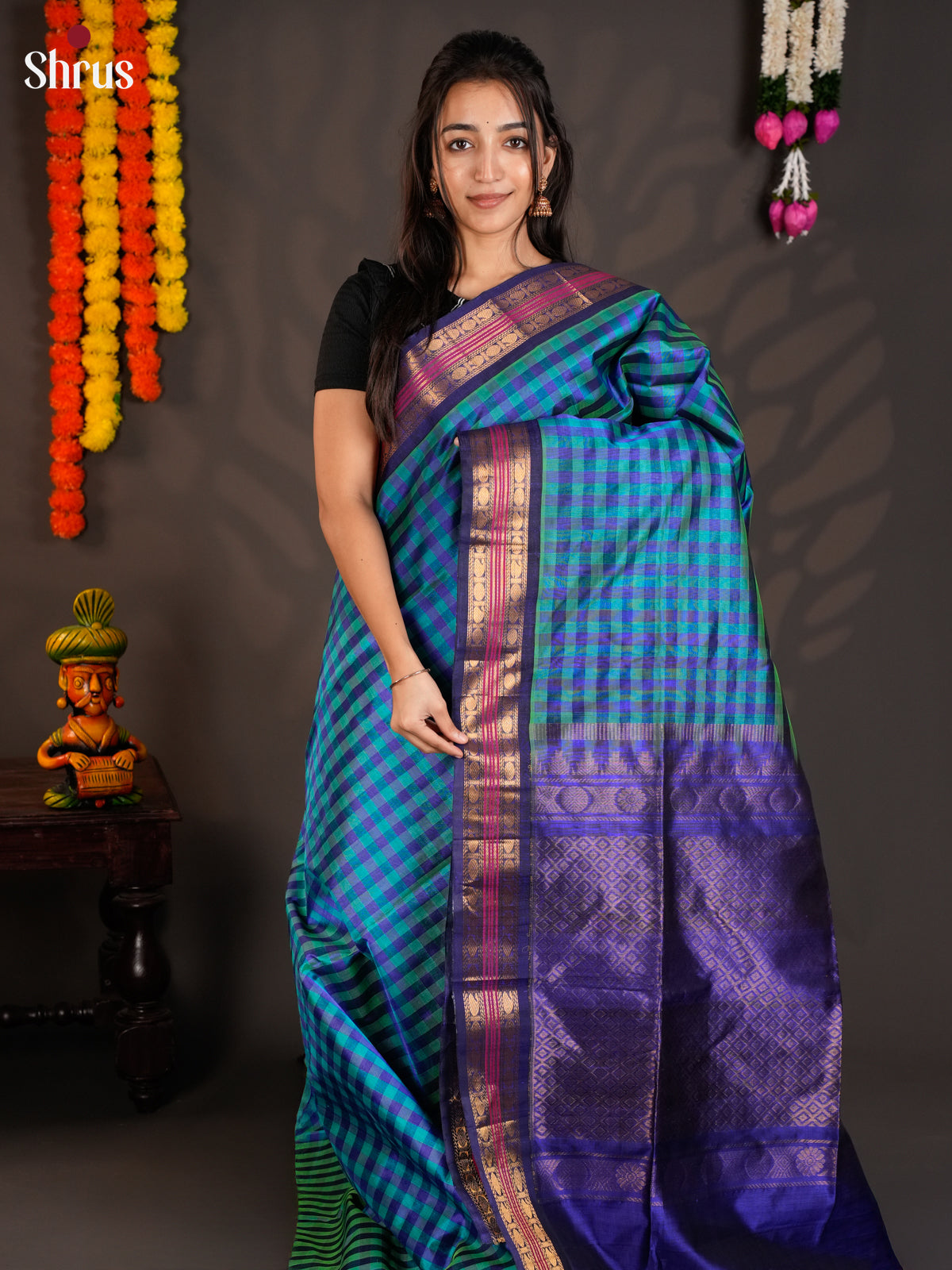 Elegant Blue & Green Silk Cotton saree with kattam& korvai zari border- EAS19047