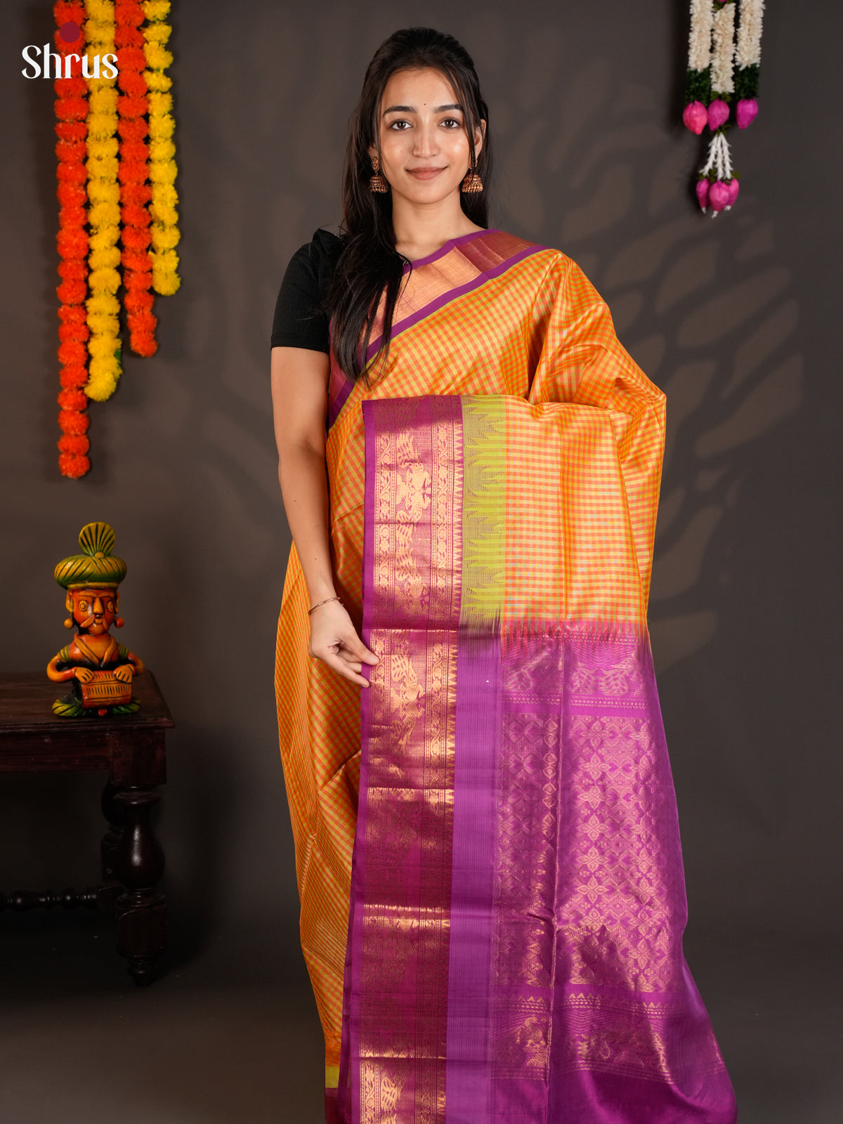 Lustrous Orange & Purple Silk Cotton saree with kattam & Korvai border - EAS19049