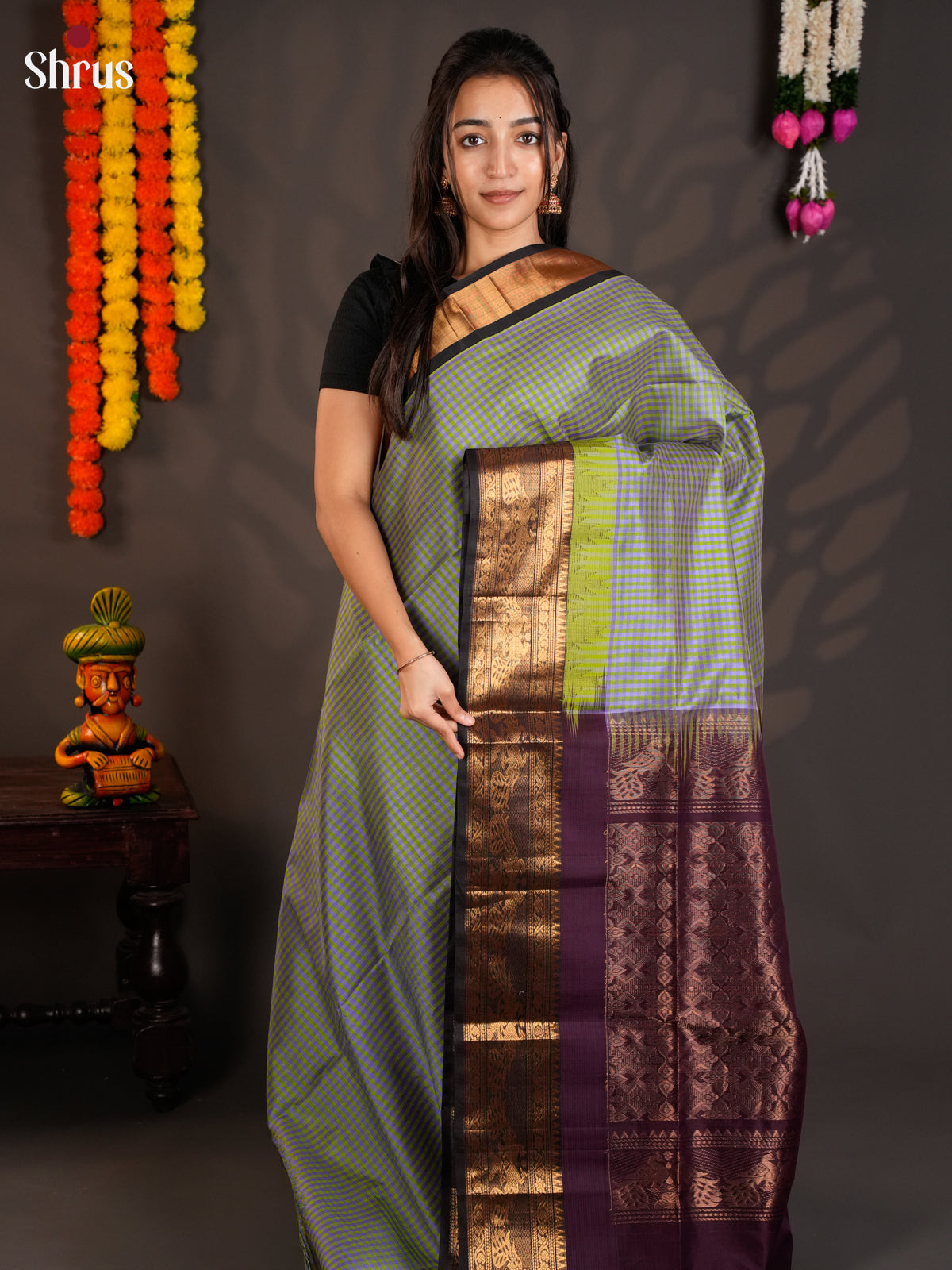 Classy Grey & Wine silk cotton saree with Korvai-kattams - EAS19051