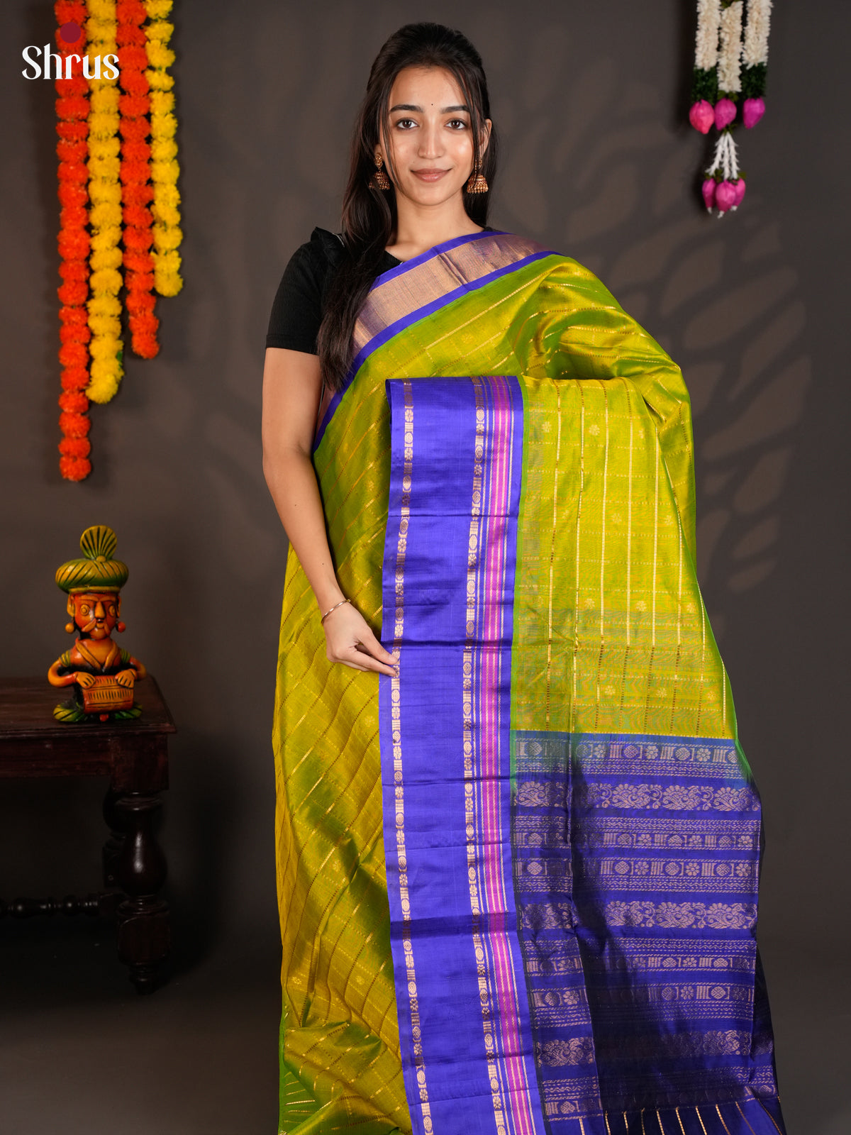 Gorgeous Light Green & Blue silk Cotton Saree with zari strieps, buttas &Korvai-Medium border - EAS19052 -