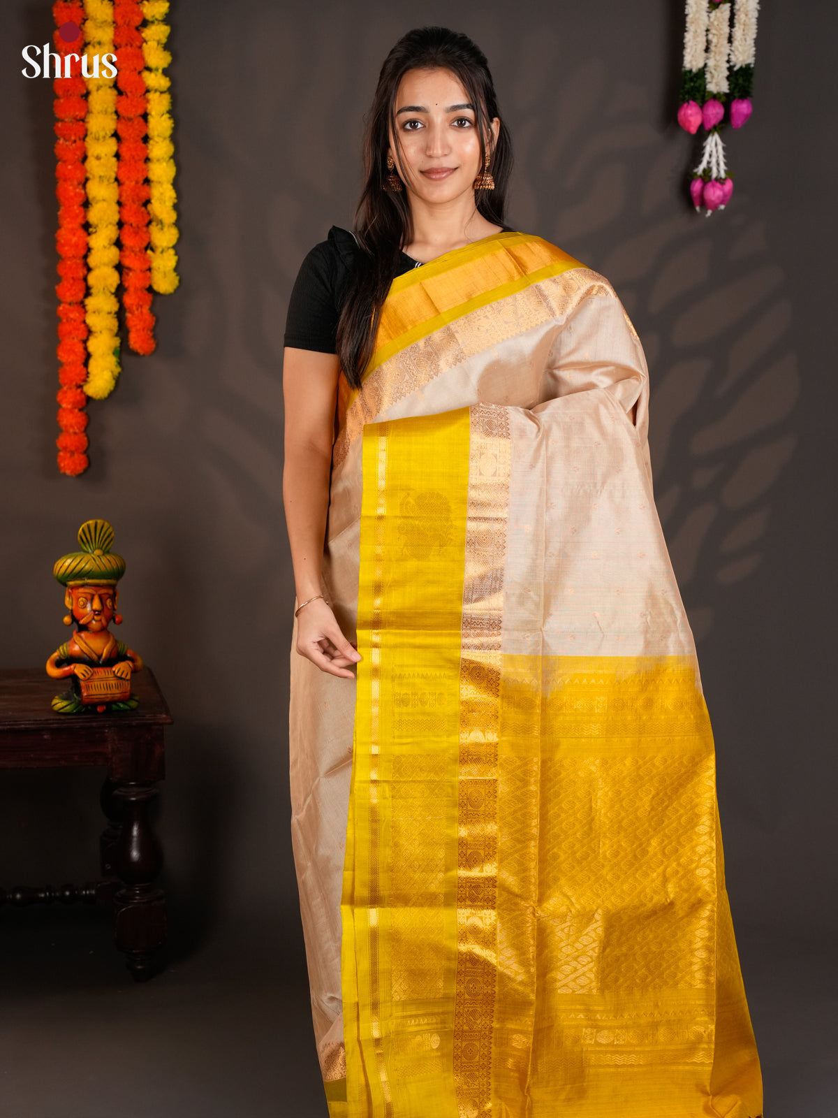 Beautiful Cream & Yellow Silk Cotton Saree with zari buttas & Korvai-Big border Saree -EAS19055