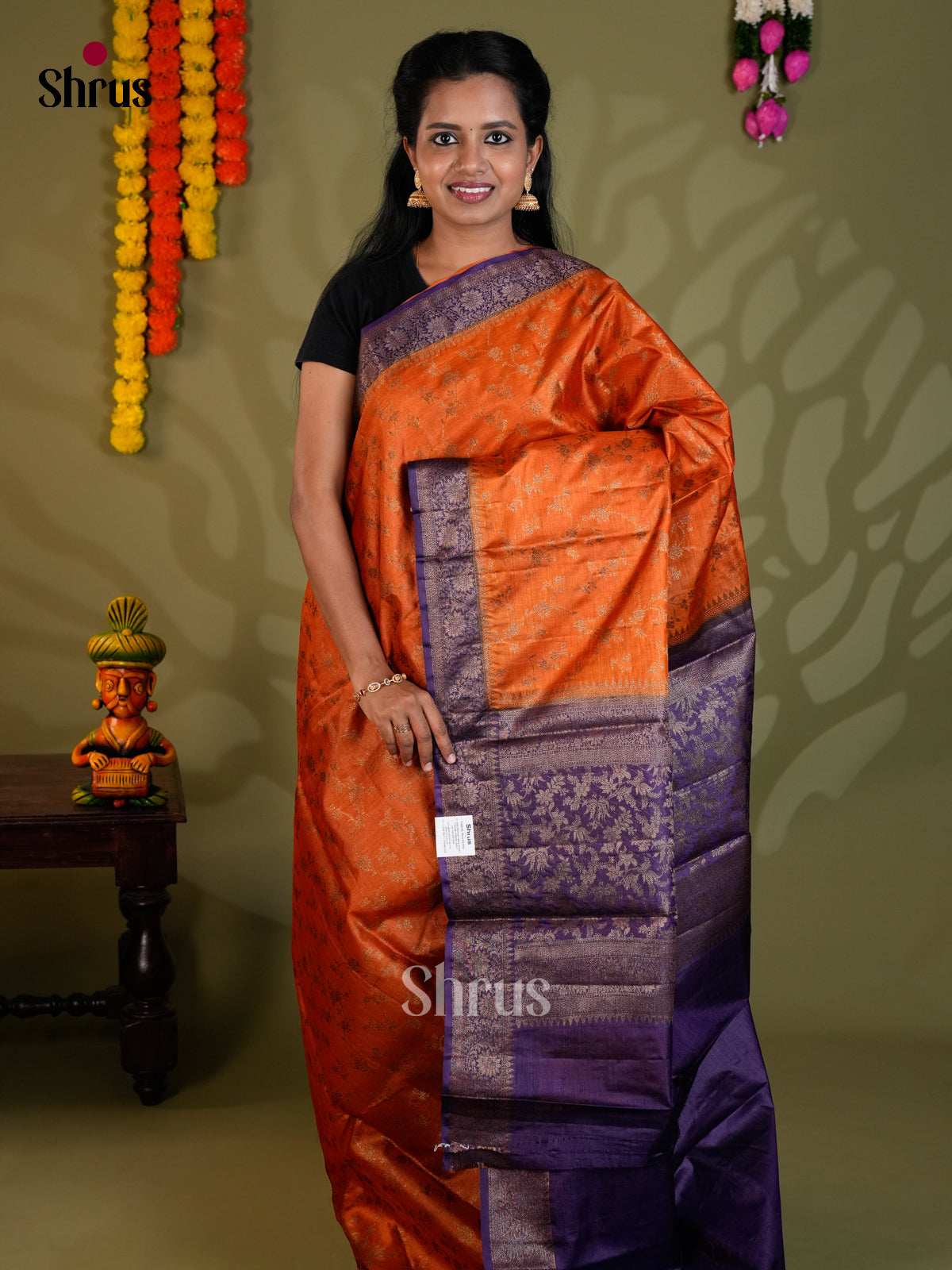 Radiant Orange & Violet  Banarasi Tussar Saree with zari floral nestling & brocade pallu - EAS20007 - - Shop on Shrus.com
