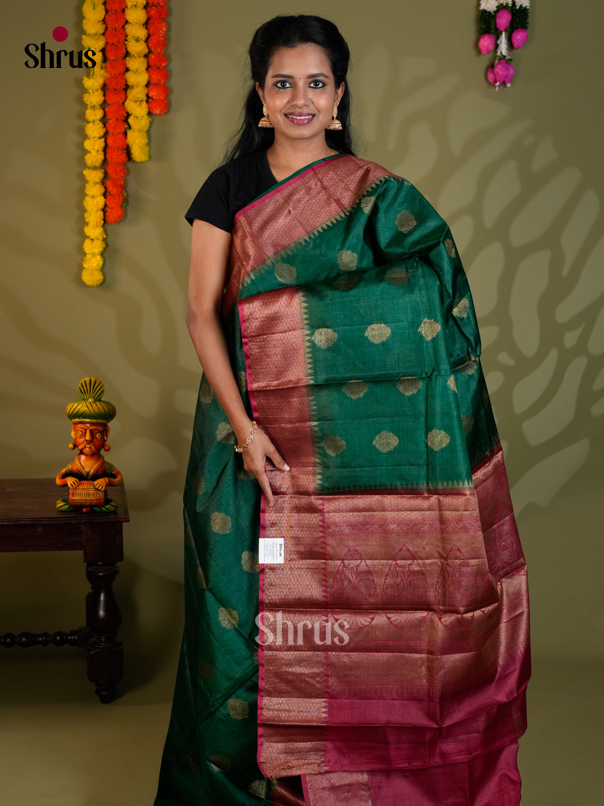 Beautiful Green & Maroon Banarasi Tussar Saree gleams with gold zari floral buttas-  EAS20038 - Shop on Shrus.com
