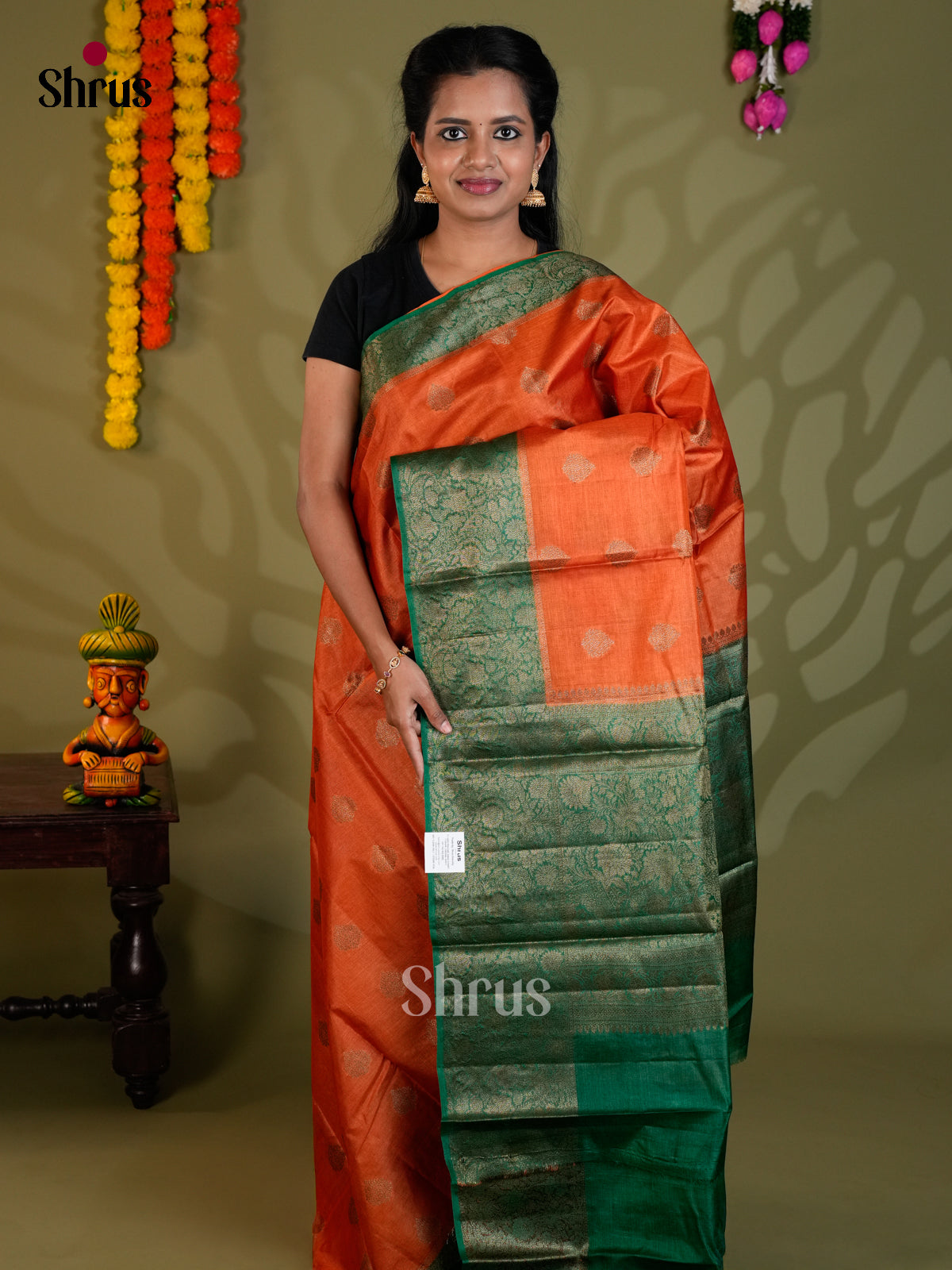 Radiant Orange & Green Banarasi Tussar Saree gleams with zari floral buttas & traditional border - EAS20039 - Shop on Shrus.com
